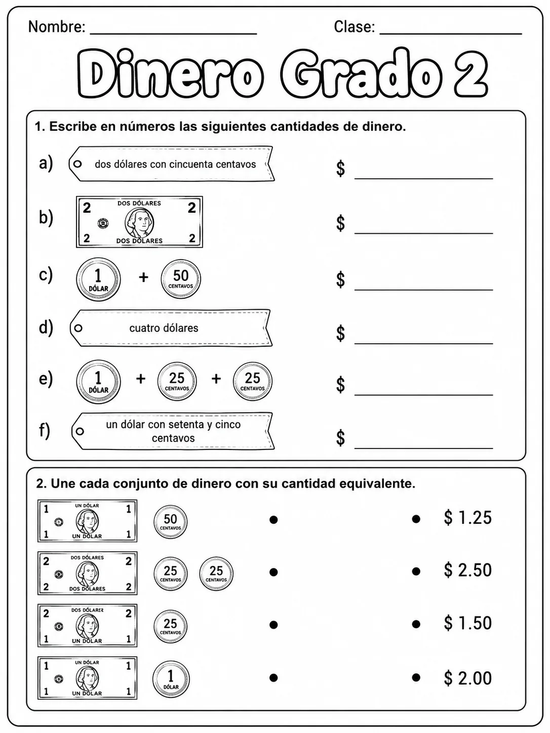 2.º grado - dinero - Paquete de fichas vista previa imprimible de matemáticas en KiwiBee