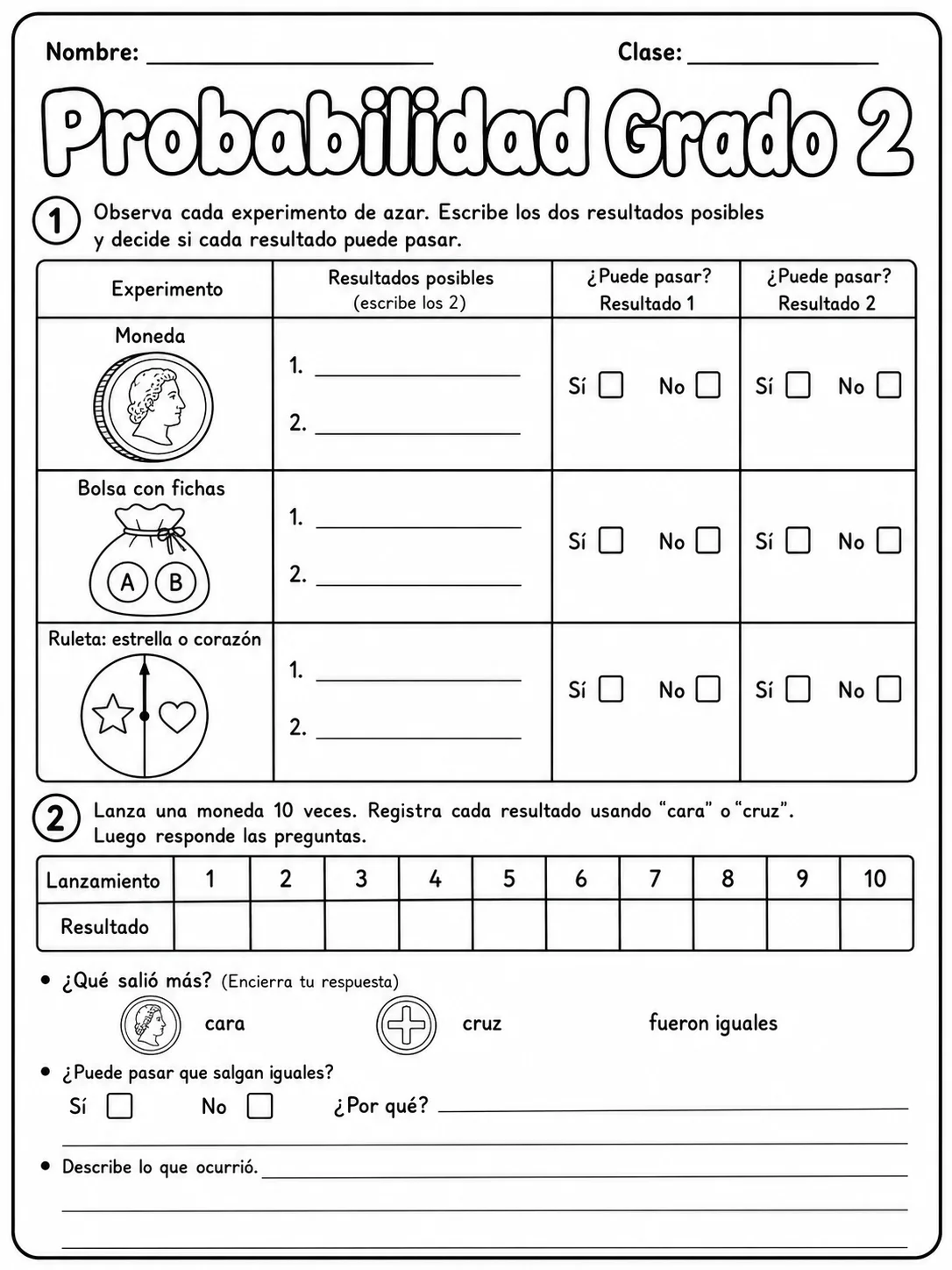2.º grado - probabilidad - Paquete de fichas página 3 vista previa imprimible