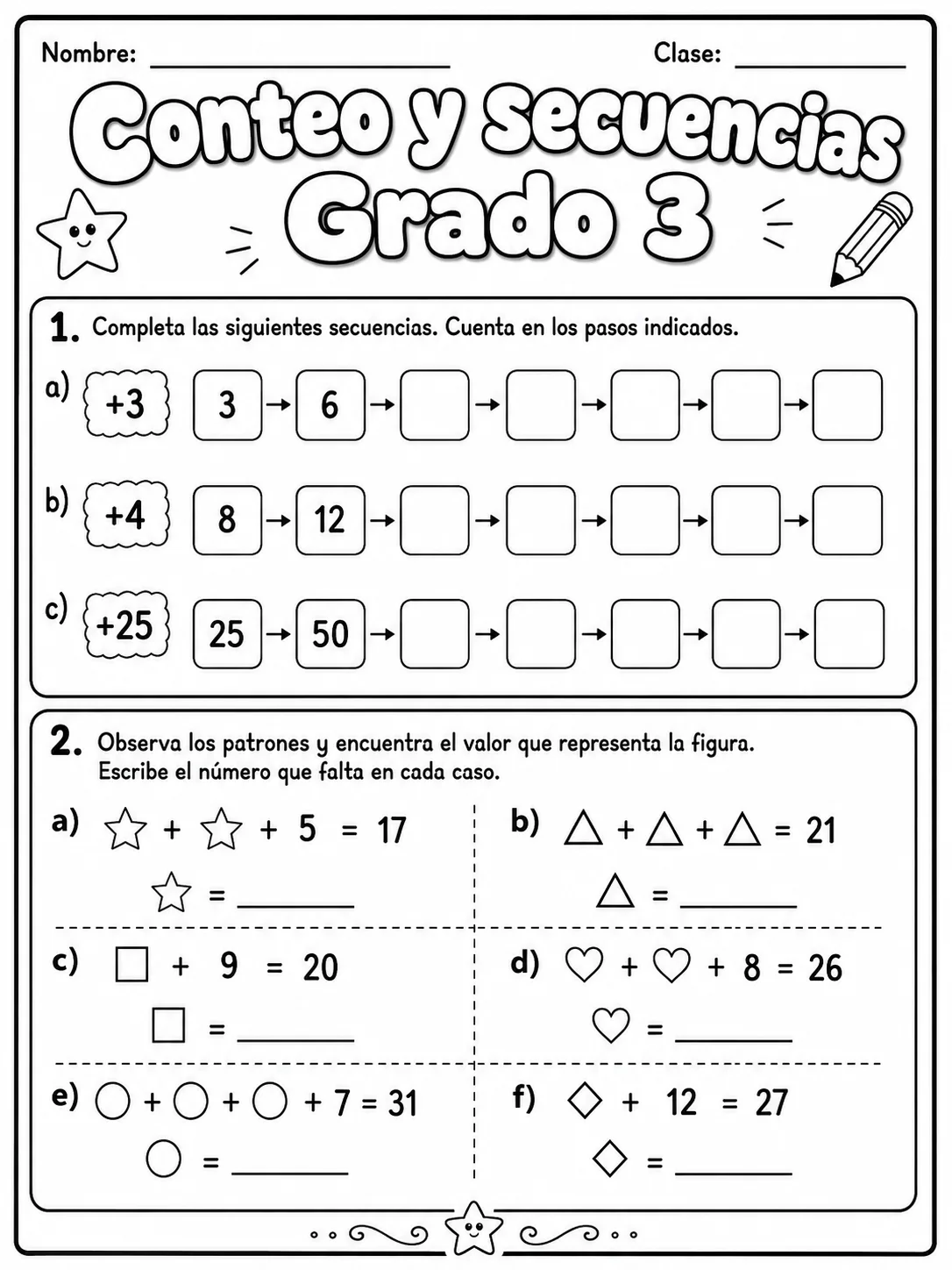 3.º grado - patrones y secuencias - Paquete de fichas página 3 vista previa imprimible
