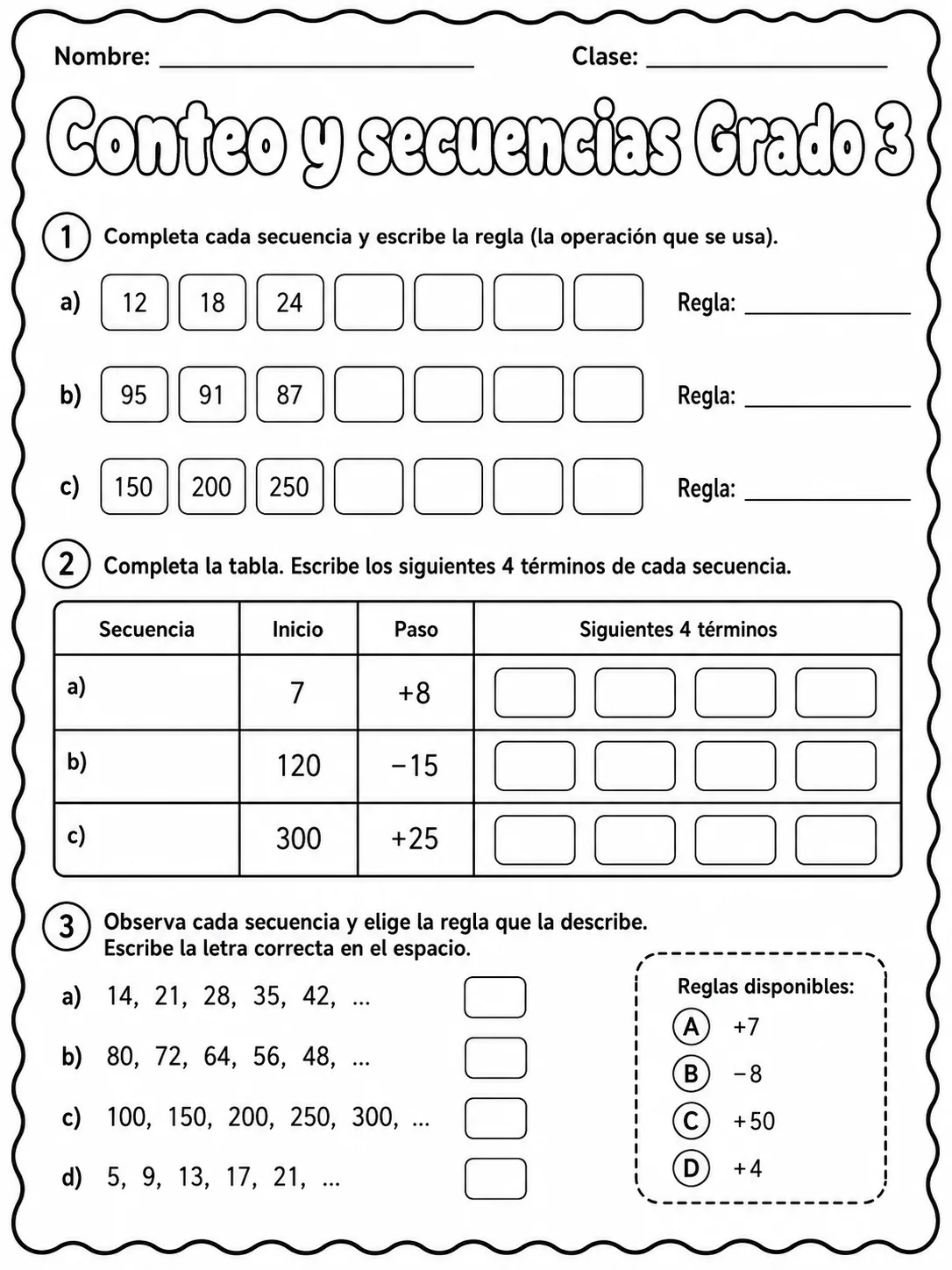 3.º grado - patrones y secuencias - Paquete de fichas página 5 vista previa imprimible