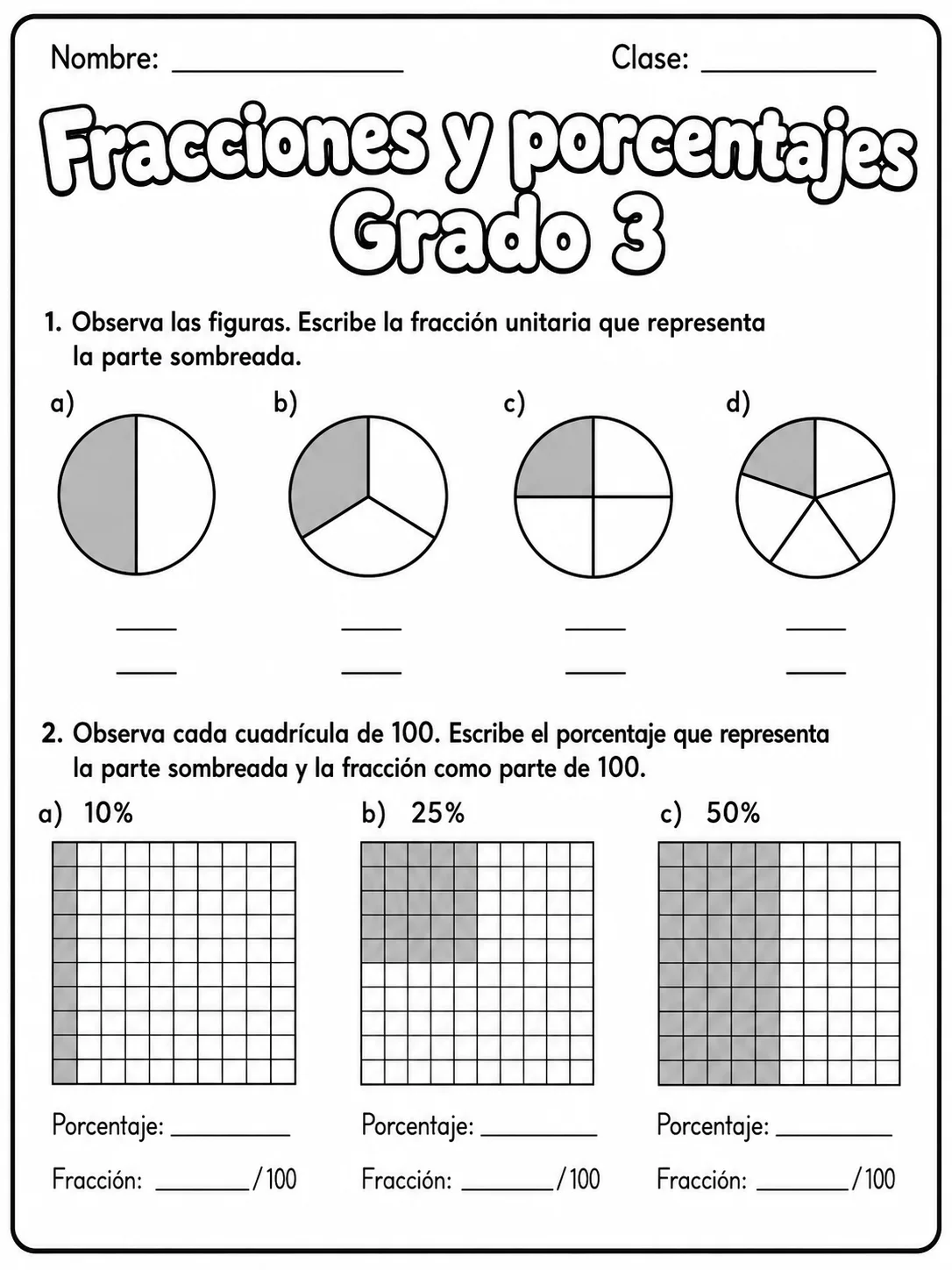 3.º grado - porcentajes - Paquete de fichas vista previa imprimible de matemáticas en KiwiBee