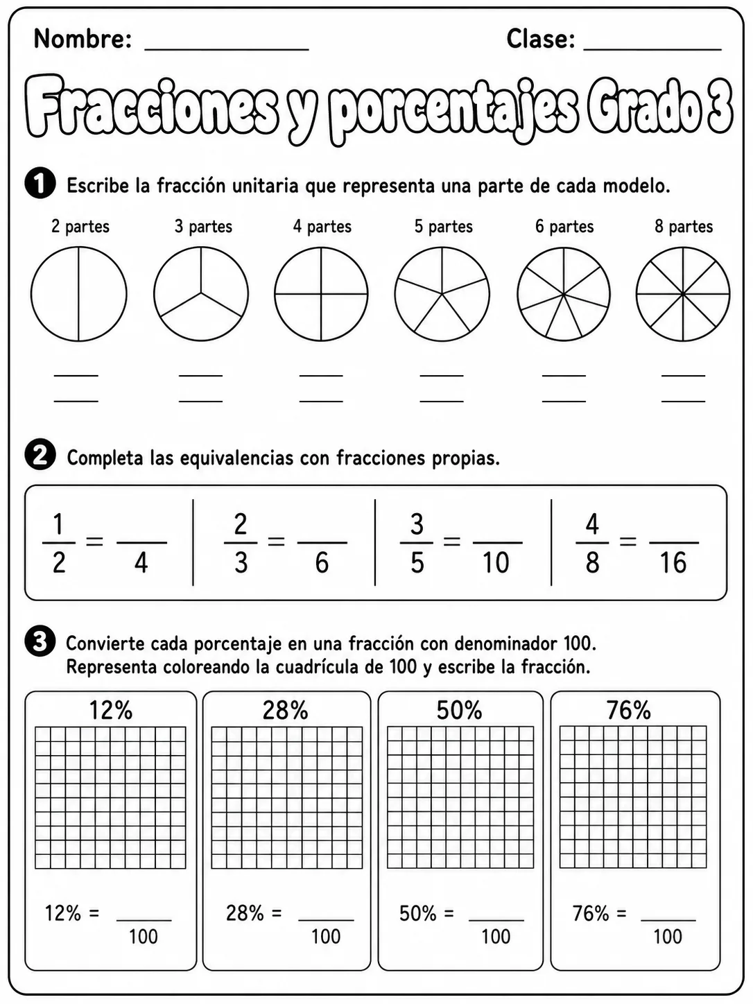 3.º grado - porcentajes - Paquete de fichas página 10 vista previa imprimible