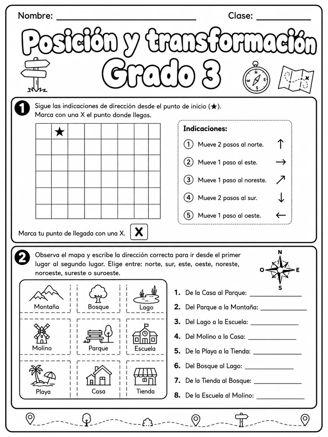 3.º grado - posición y dirección - Paquete de fichas página 2 vista previa imprimible