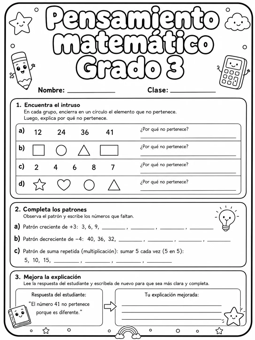 3.º grado - repaso de matemáticas - Paquete de fichas página 5 vista previa imprimible