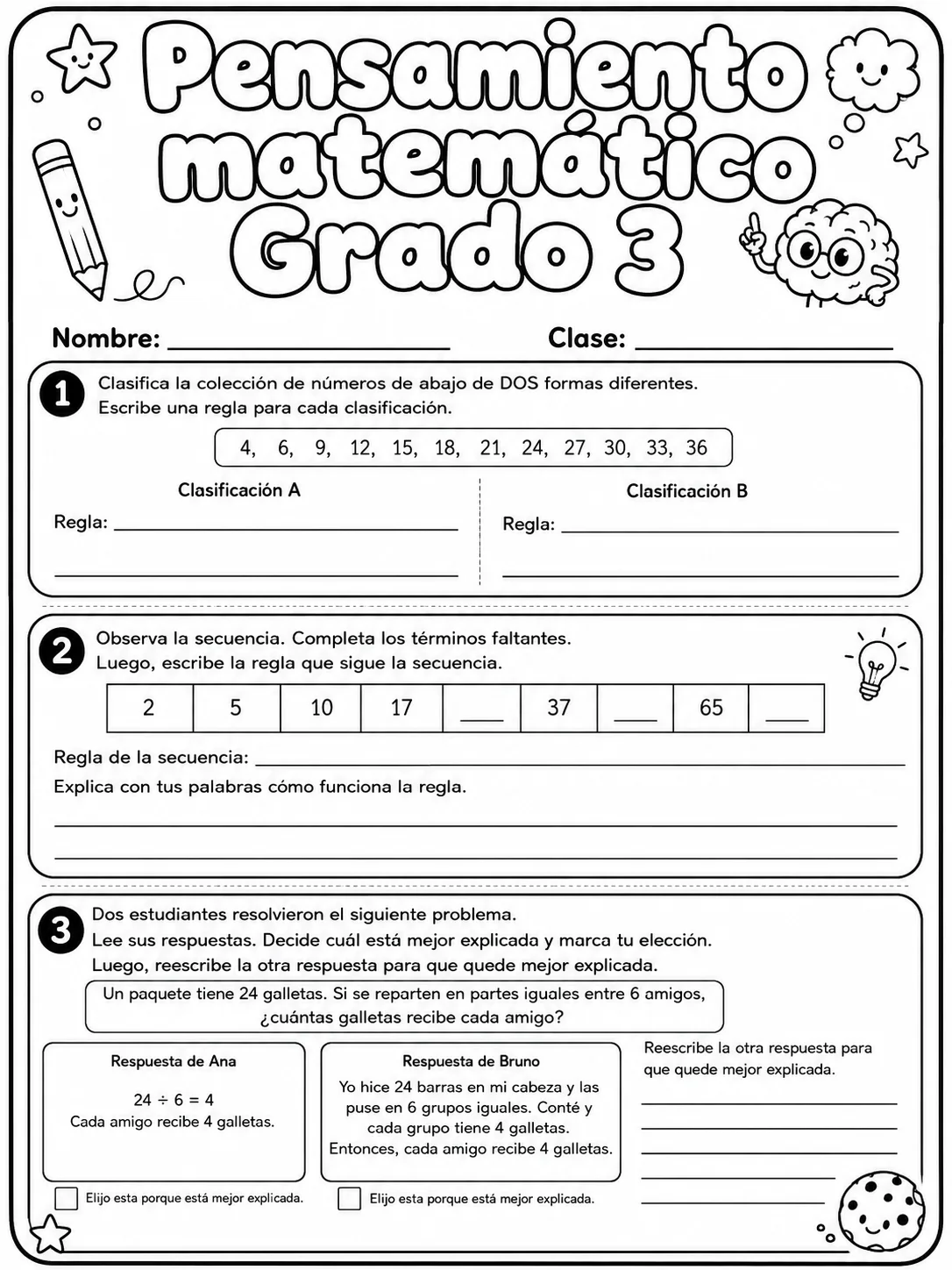 3.º grado - repaso de matemáticas - Paquete de fichas página 7 vista previa imprimible