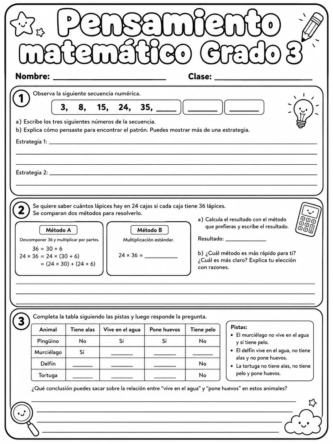 3.º grado - repaso de matemáticas - Paquete de fichas página 8 vista previa imprimible