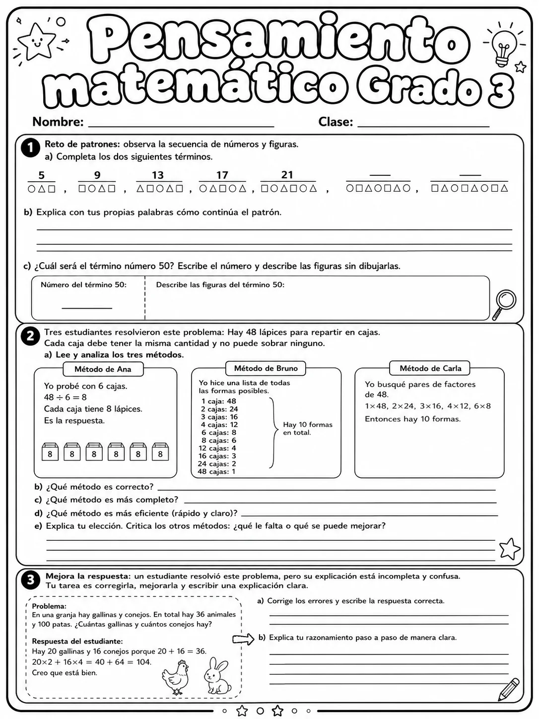 3.º grado - repaso de matemáticas - Paquete de fichas página 10 vista previa imprimible