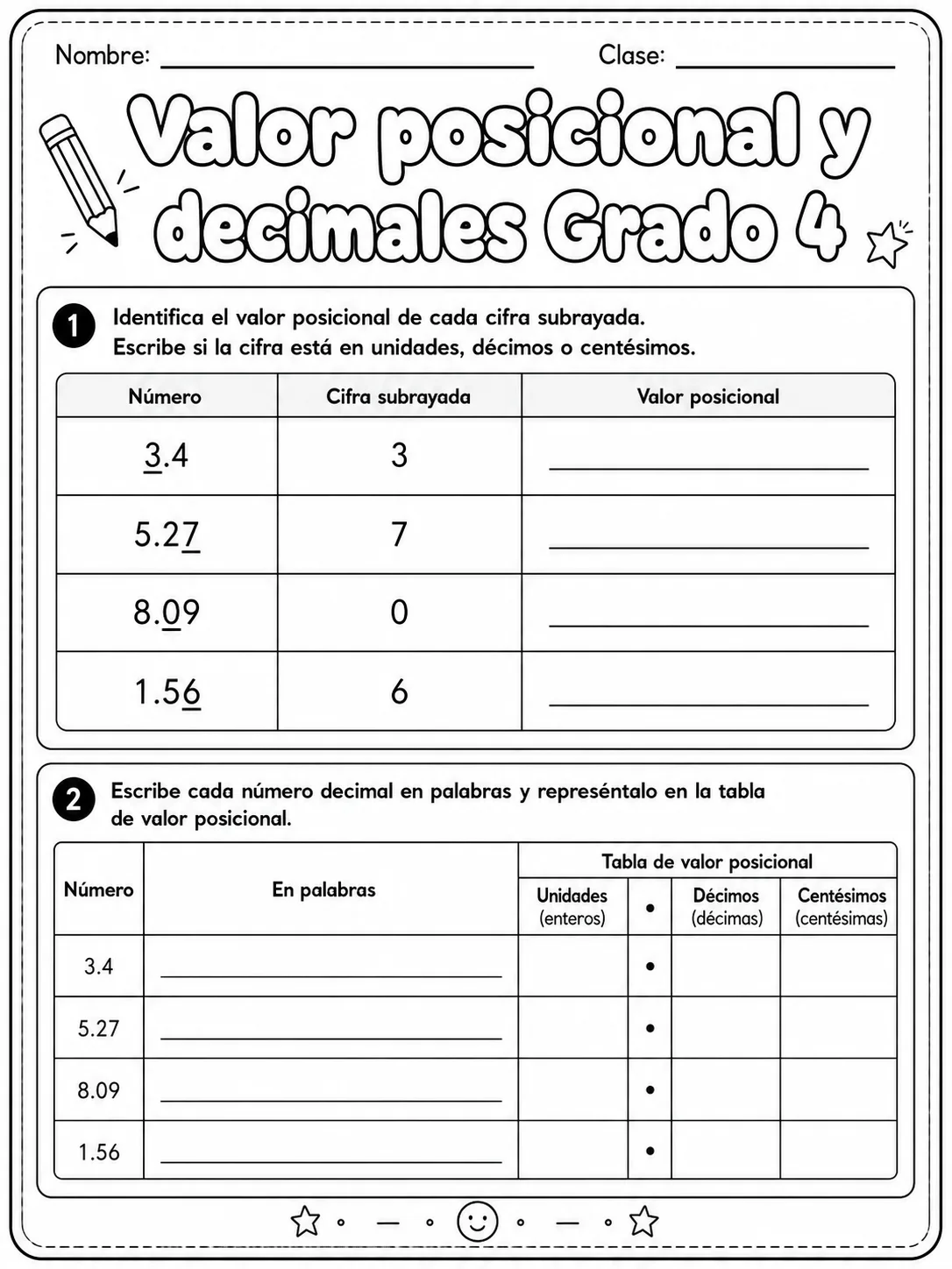 4.º grado - decimales - Paquete de fichas vista previa imprimible de matemáticas en KiwiBee