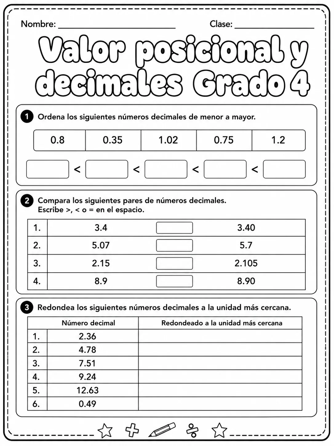 4.º grado - decimales - Paquete de fichas página 5 vista previa imprimible