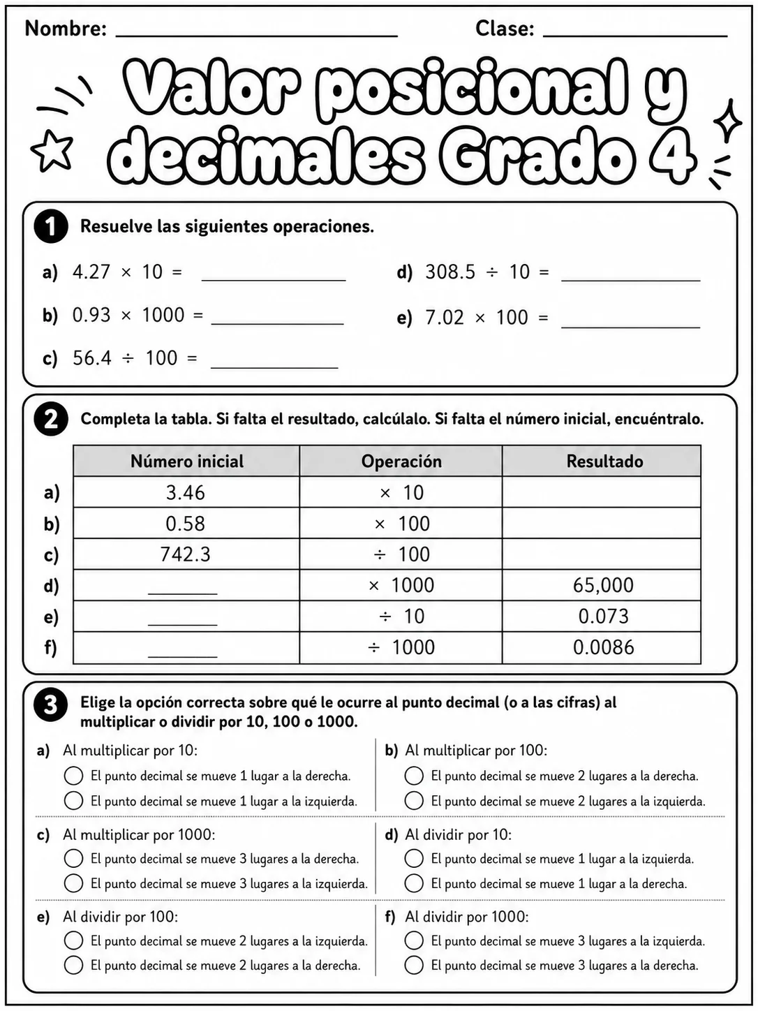 4.º grado - decimales - Paquete de fichas página 6 vista previa imprimible