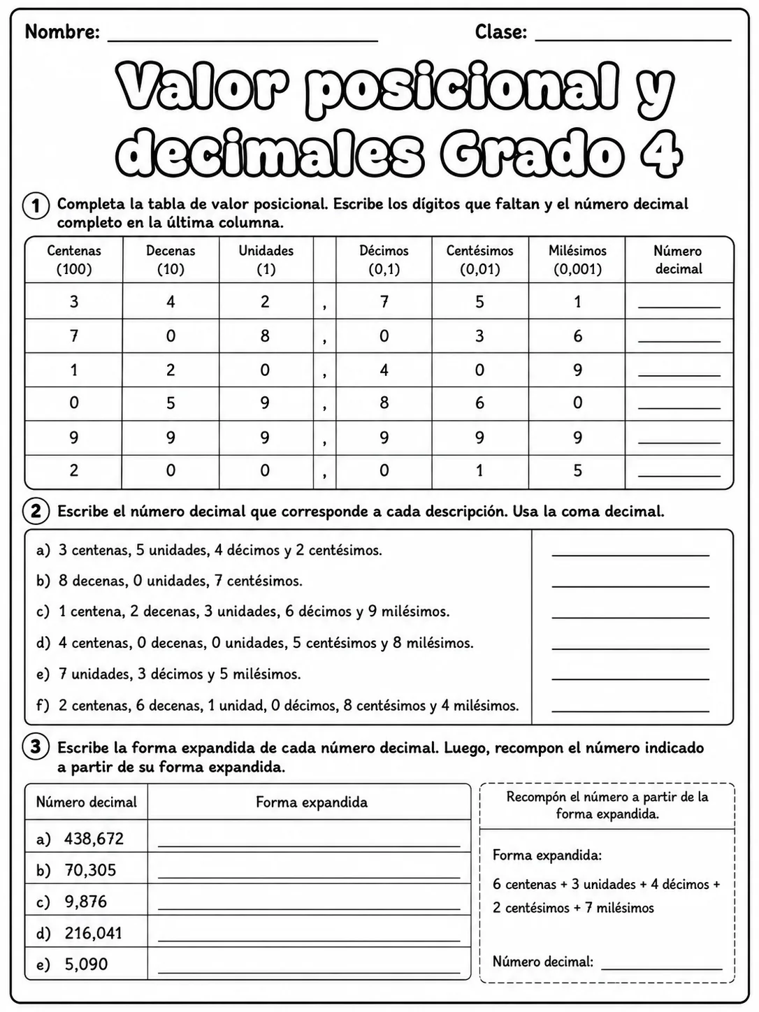 4.º grado - decimales - Paquete de fichas página 7 vista previa imprimible