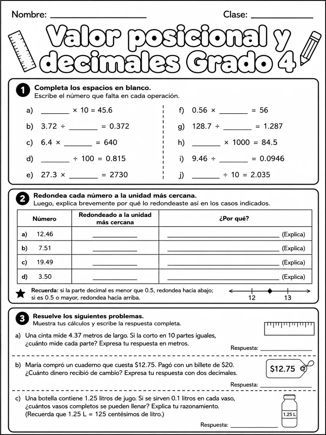 4.º grado - decimales - Paquete de fichas página 8 vista previa imprimible