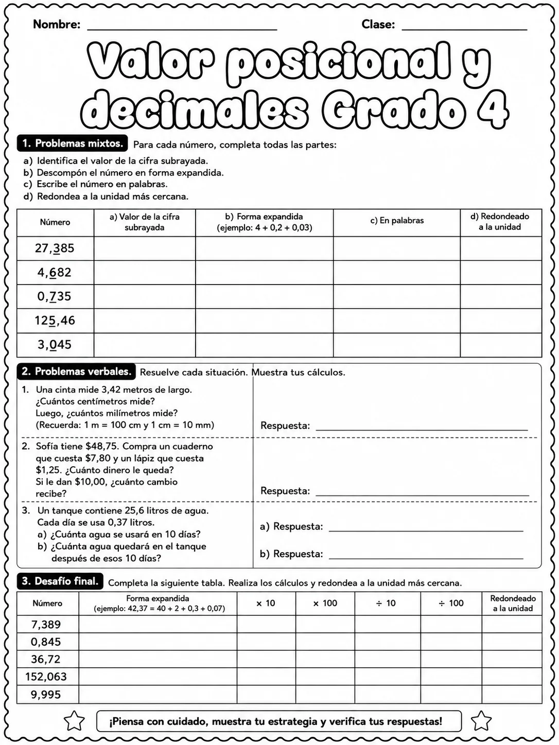 4.º grado - decimales - Paquete de fichas página 10 vista previa imprimible