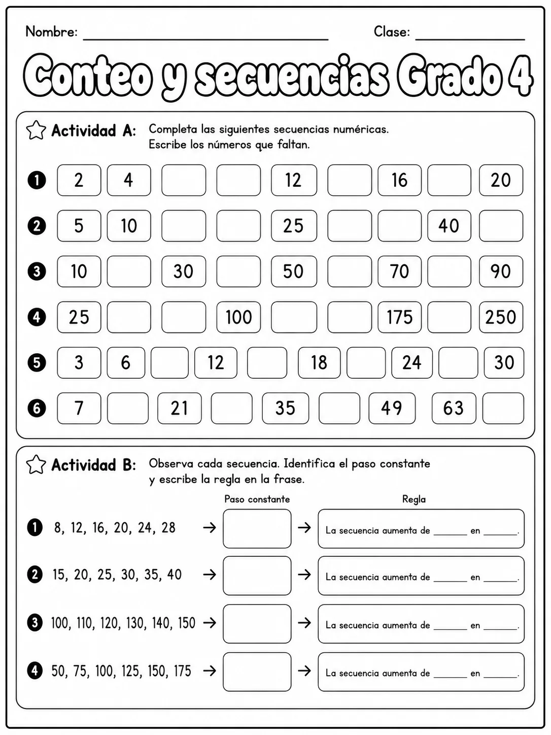 4.º grado - patrones y secuencias - Paquete de fichas vista previa imprimible de matemáticas en KiwiBee