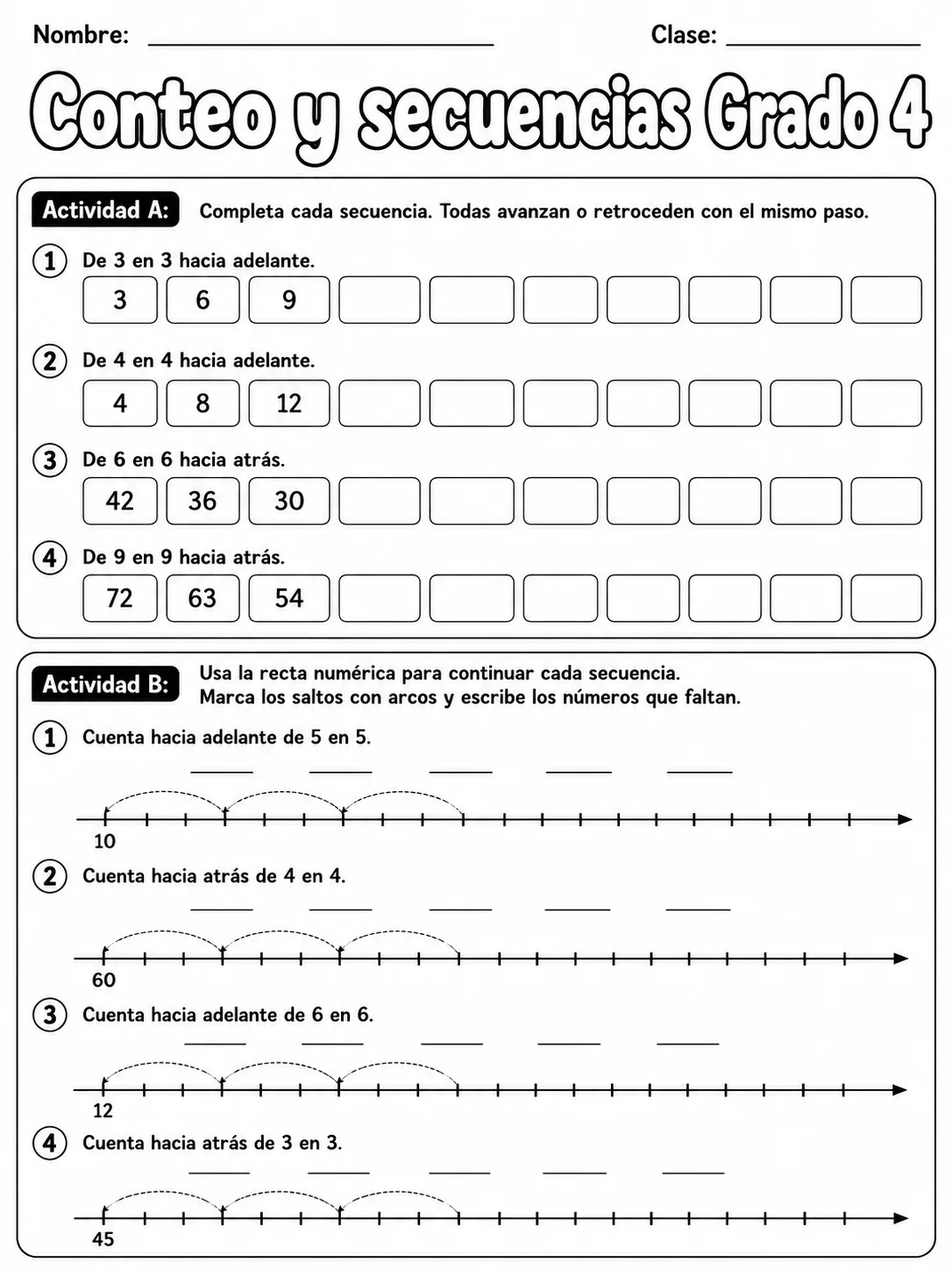 4.º grado - patrones y secuencias - Paquete de fichas página 2 vista previa imprimible