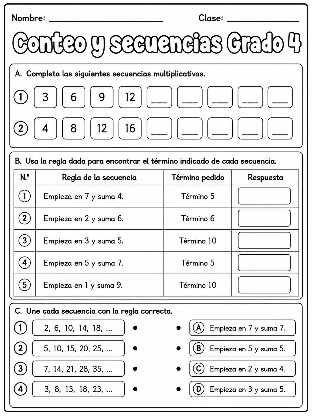4.º grado - patrones y secuencias - Paquete de fichas página 5 vista previa imprimible