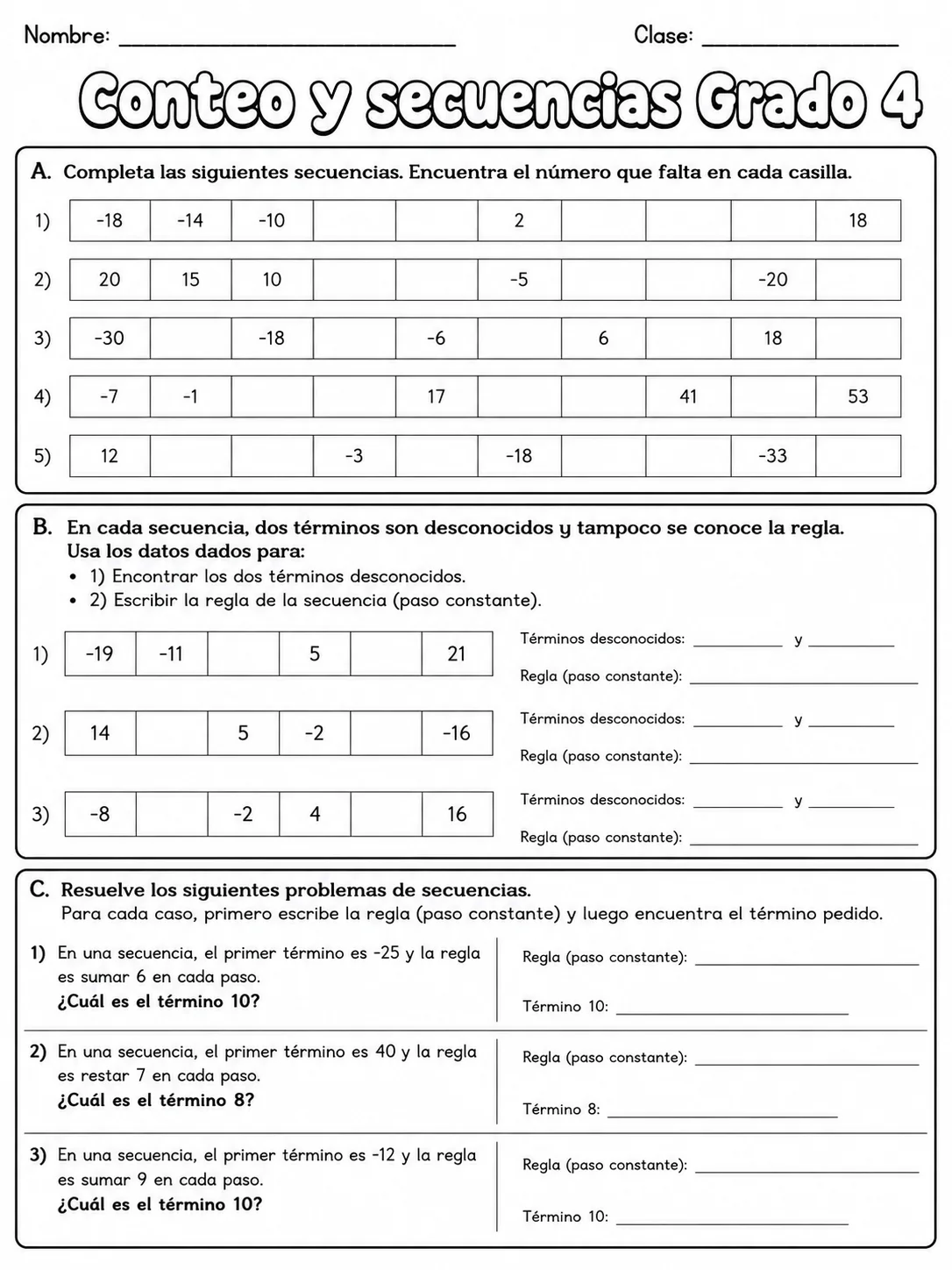 4.º grado - patrones y secuencias - Paquete de fichas página 7 vista previa imprimible