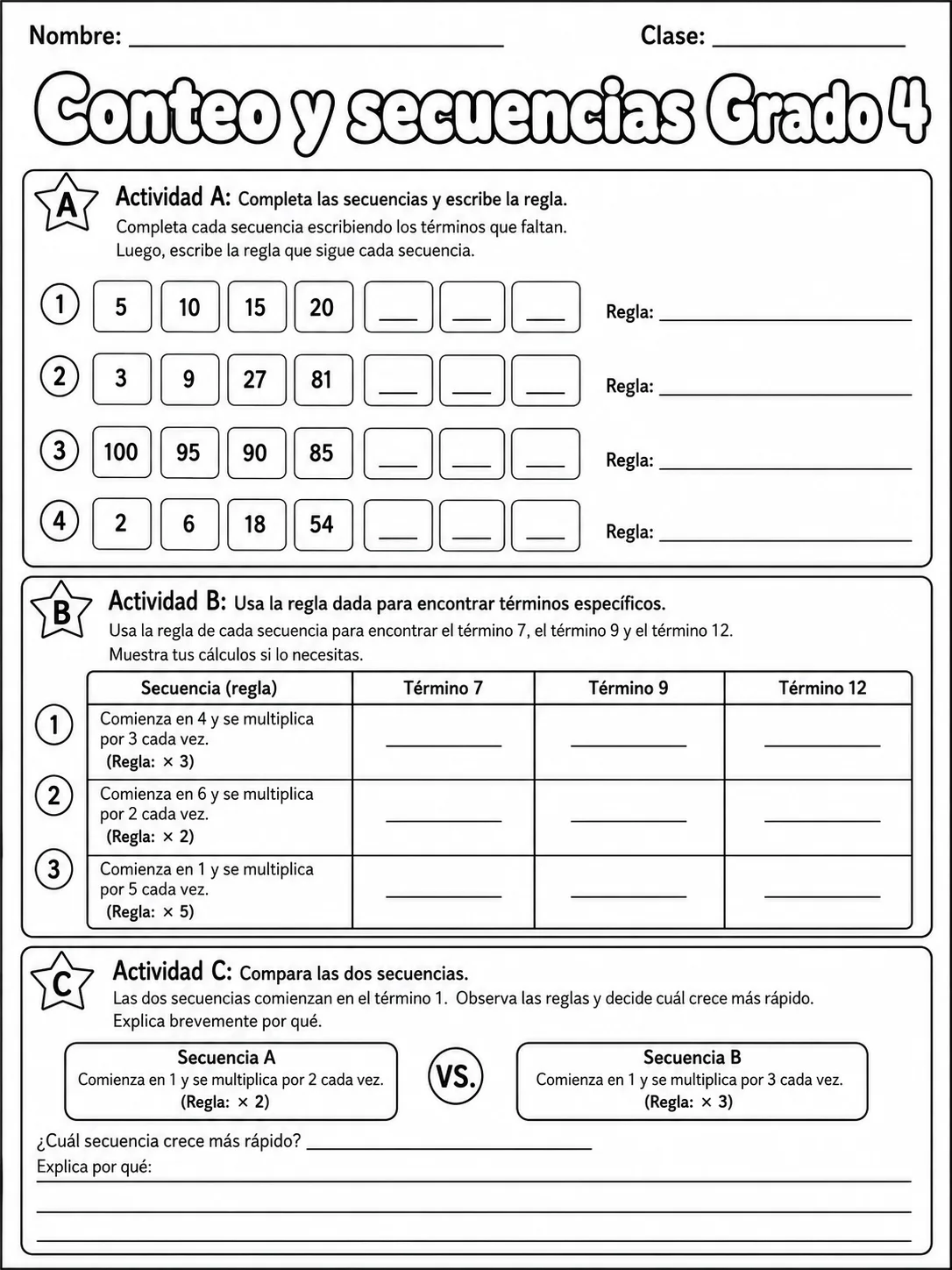 4.º grado - patrones y secuencias - Paquete de fichas página 8 vista previa imprimible