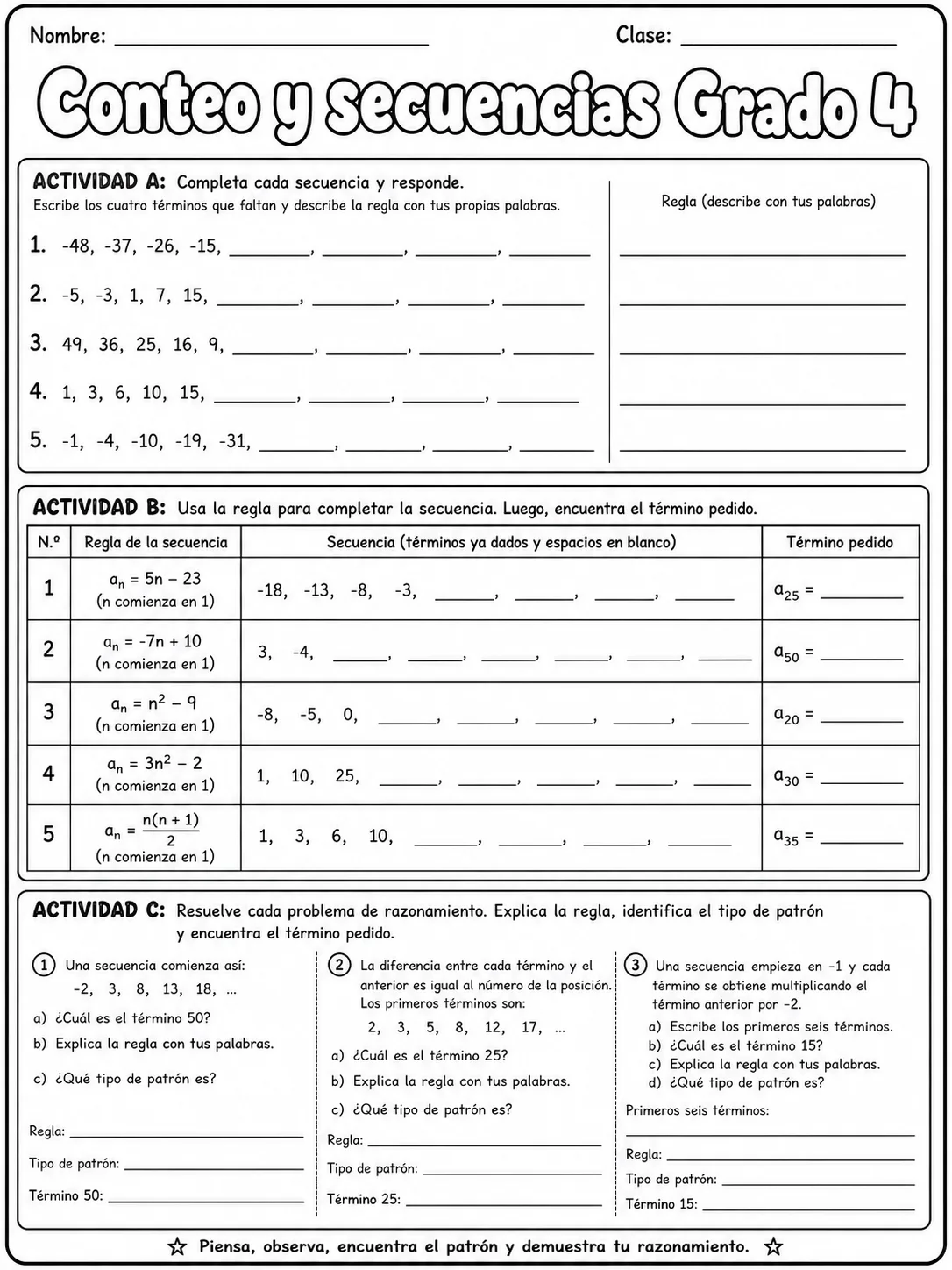 4.º grado - patrones y secuencias - Paquete de fichas página 10 vista previa imprimible