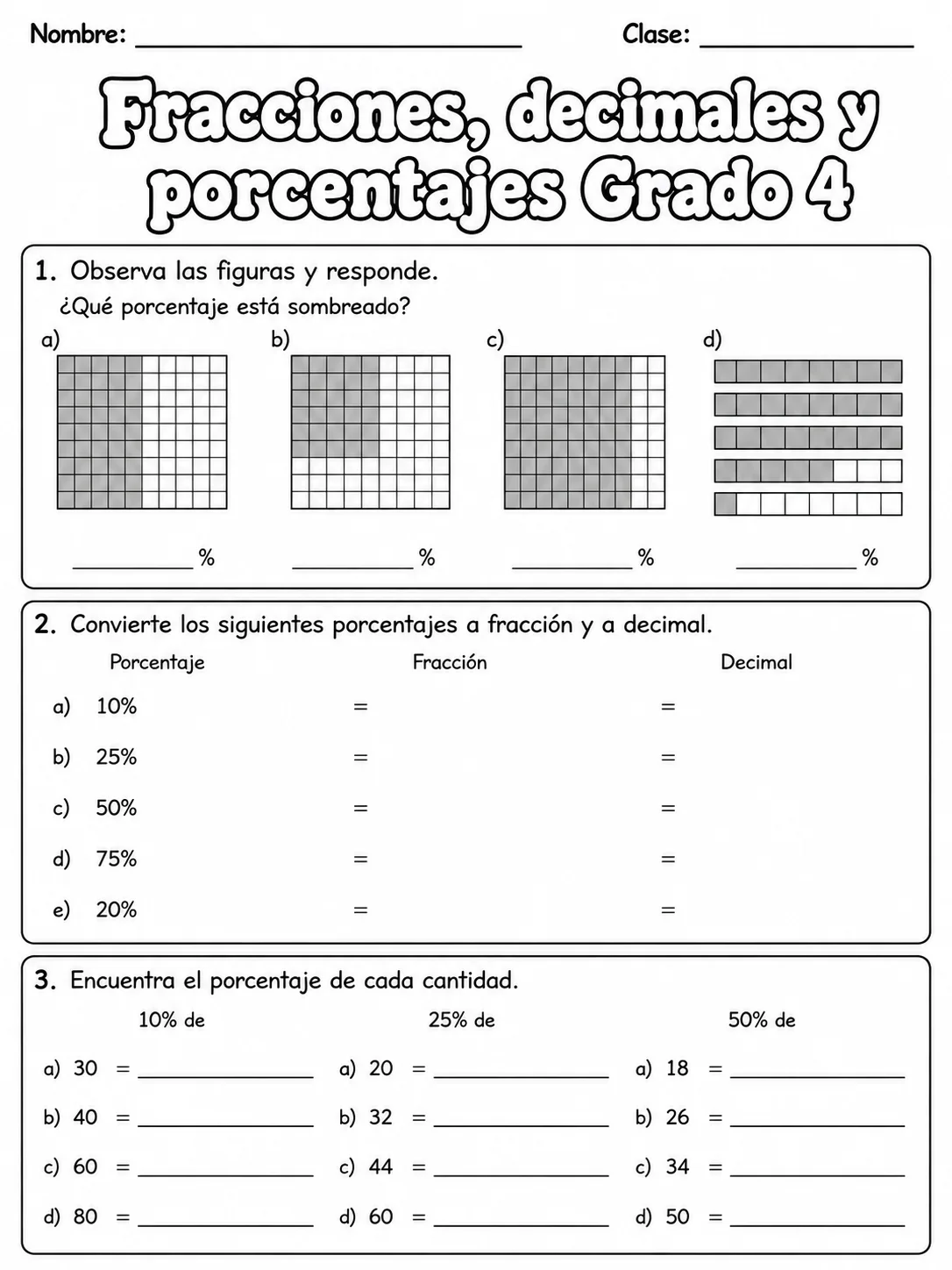 4.º grado - porcentajes - Paquete de fichas página 5 vista previa imprimible