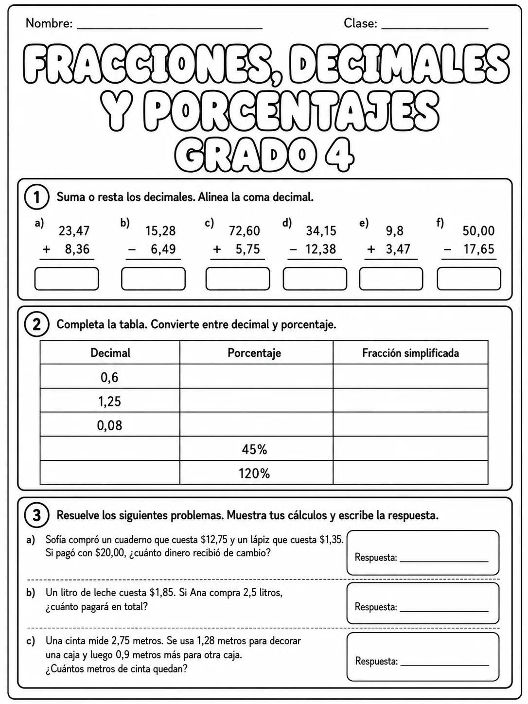4.º grado - porcentajes - Paquete de fichas página 6 vista previa imprimible