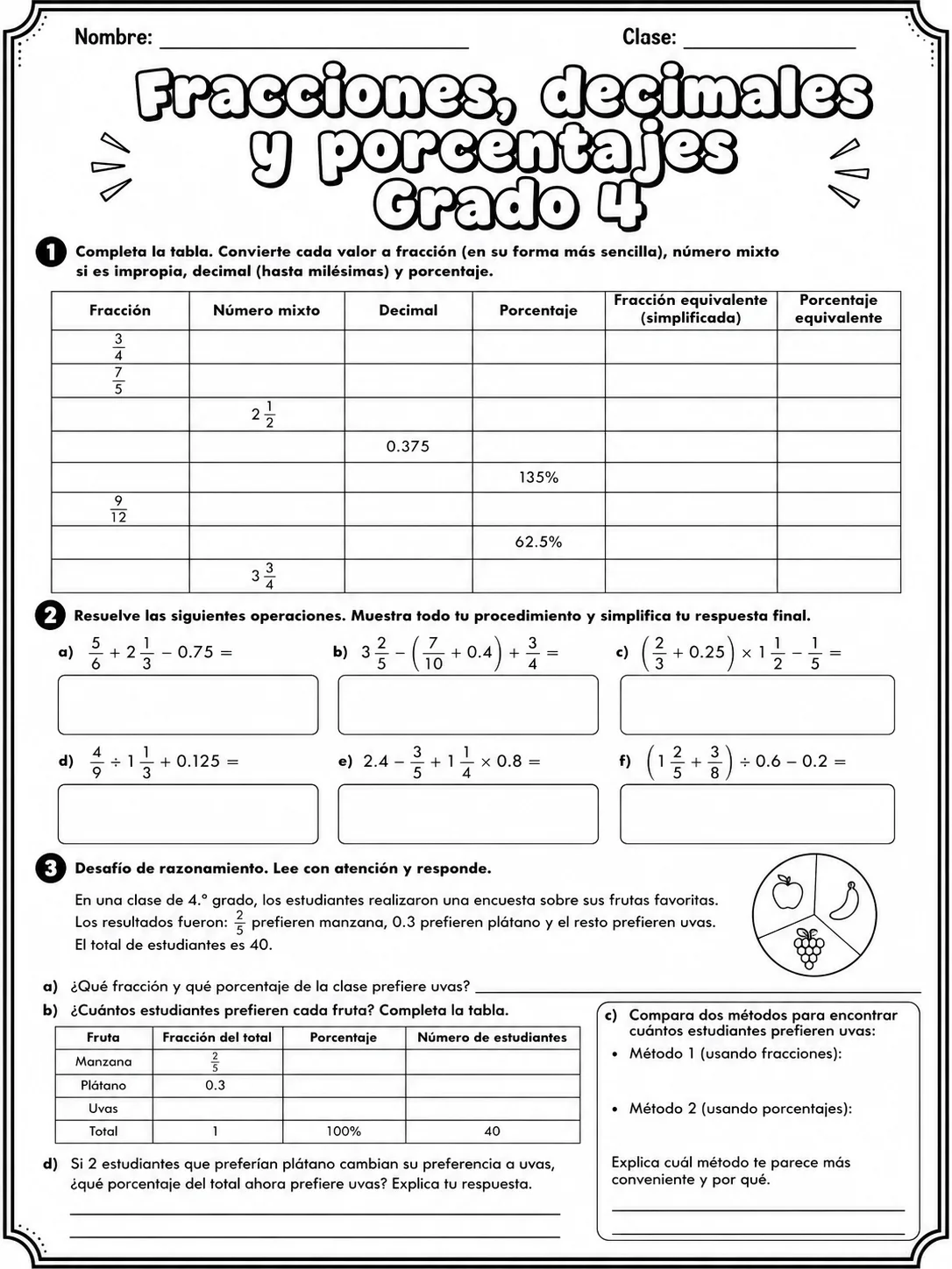4.º grado - porcentajes - Paquete de fichas página 10 vista previa imprimible