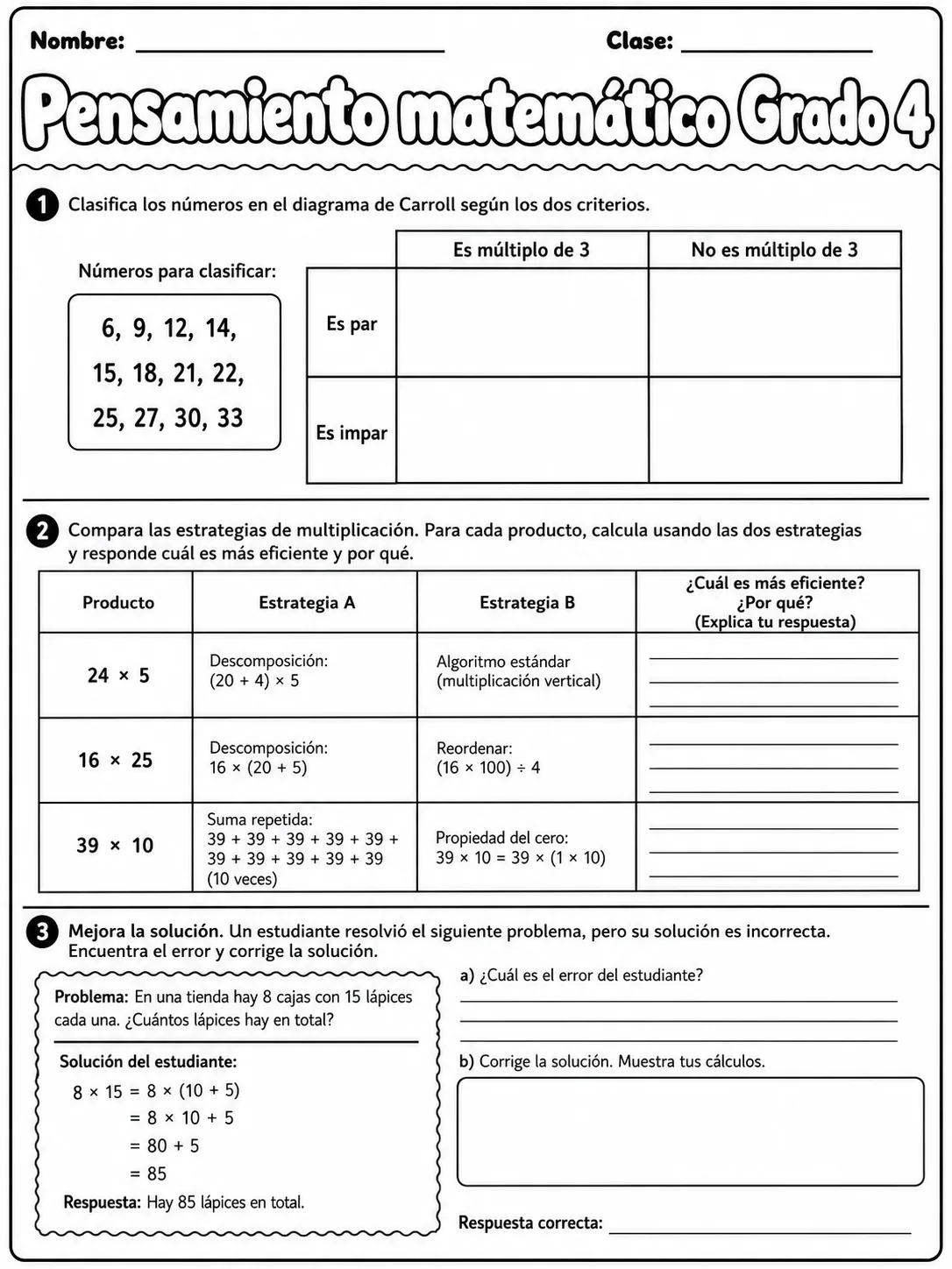 4.º grado - repaso de matemáticas - Paquete de fichas - Conjunto 3 página 4 vista previa imprimible
