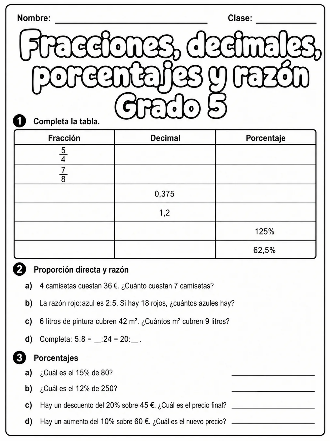 5.º grado - porcentajes - Paquete de fichas página 9 vista previa imprimible