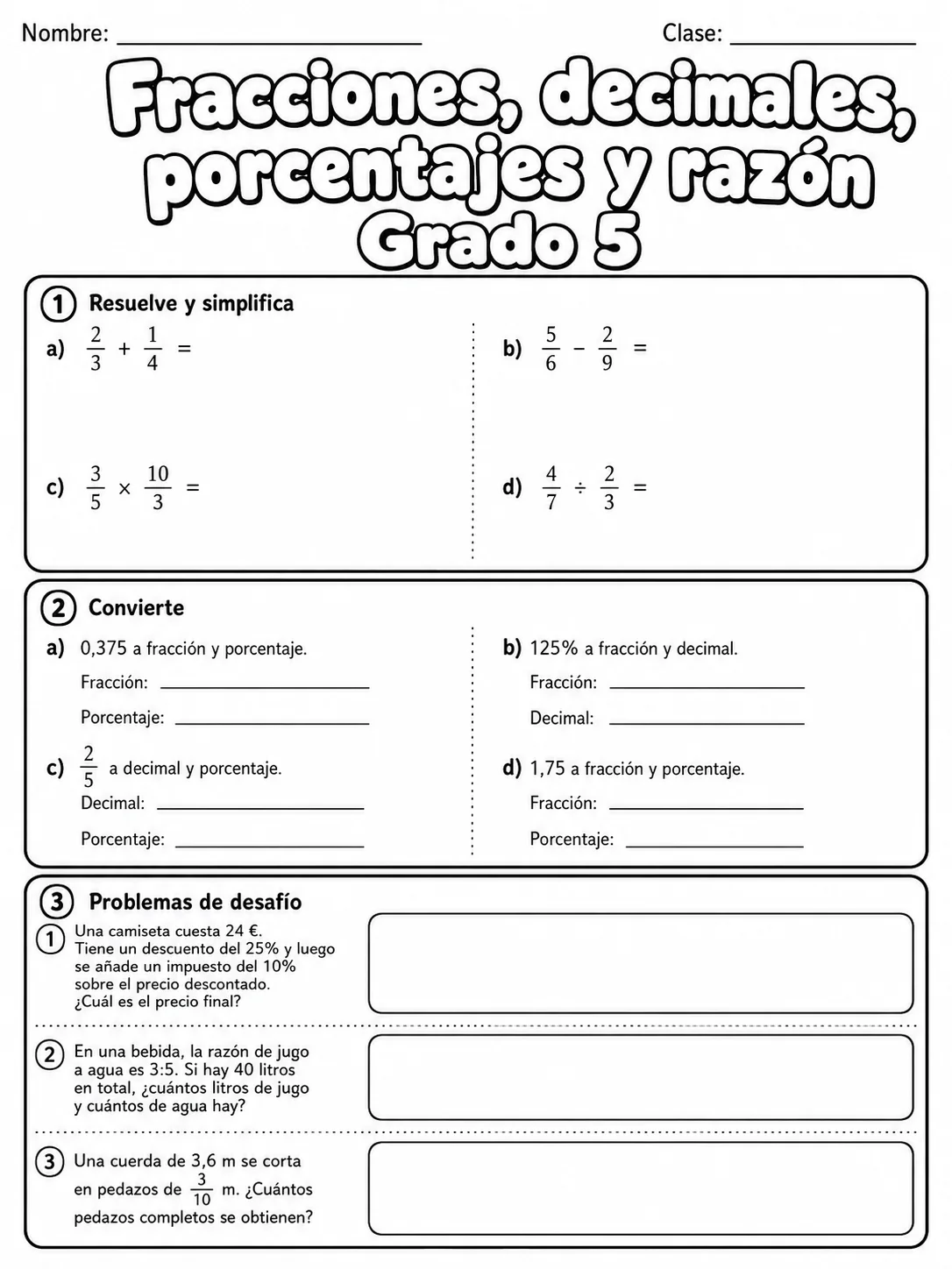 5.º grado - porcentajes - Paquete de fichas página 10 vista previa imprimible