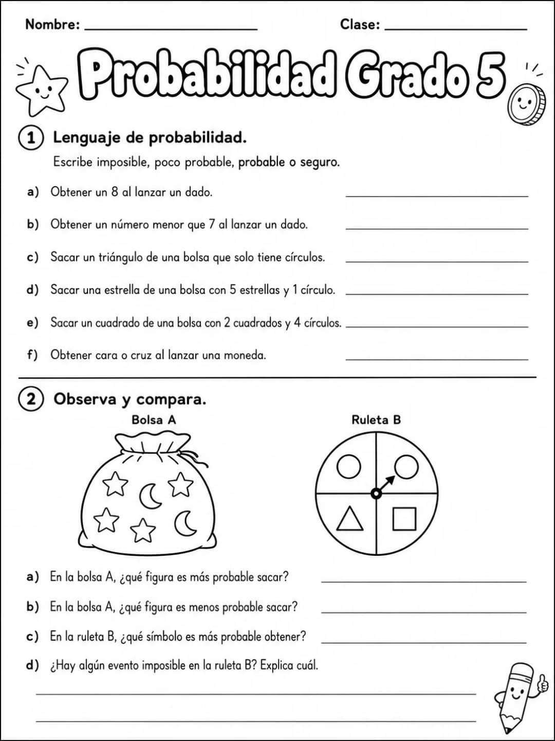 5.º grado - probabilidad - Paquete de fichas vista previa imprimible de matemáticas en KiwiBee