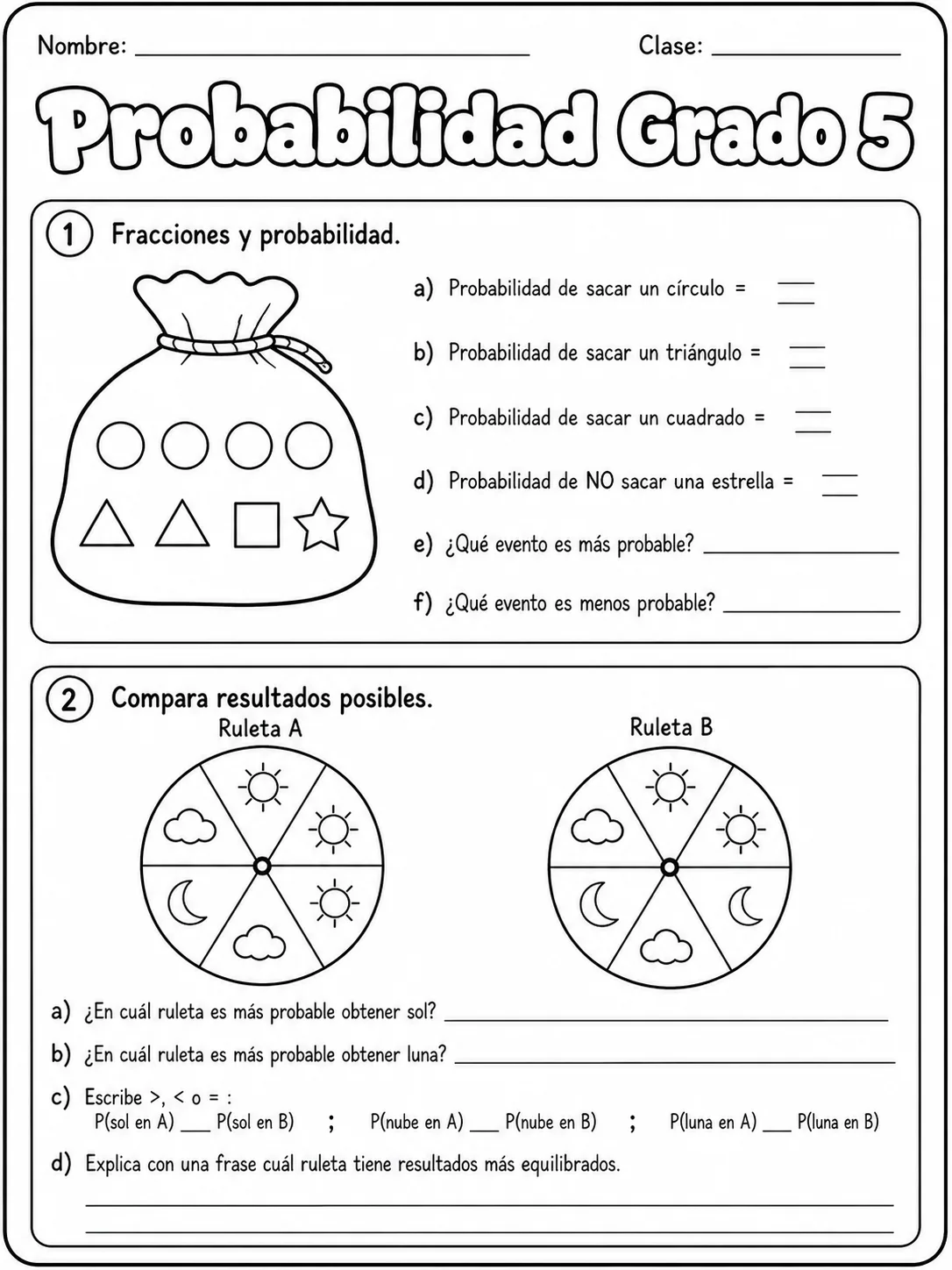 5.º grado - probabilidad - Paquete de fichas página 2 vista previa imprimible