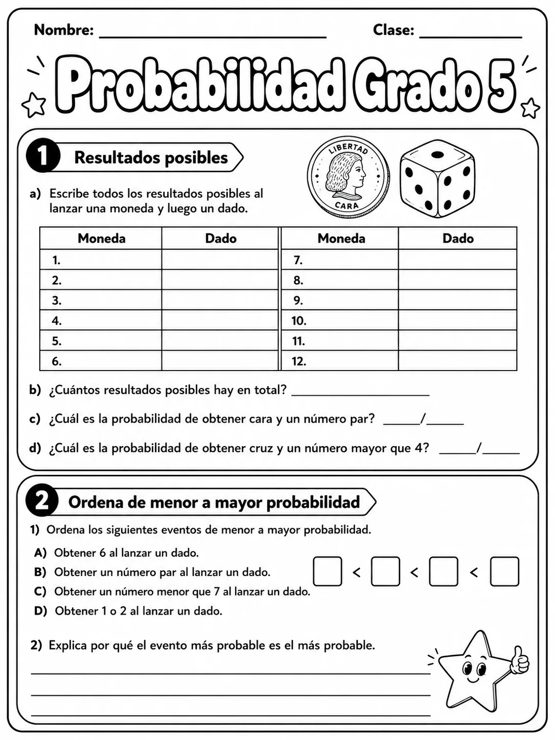 5.º grado - probabilidad - Paquete de fichas página 3 vista previa imprimible
