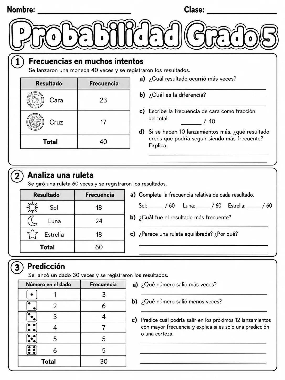 5.º grado - probabilidad - Paquete de fichas página 5 vista previa imprimible