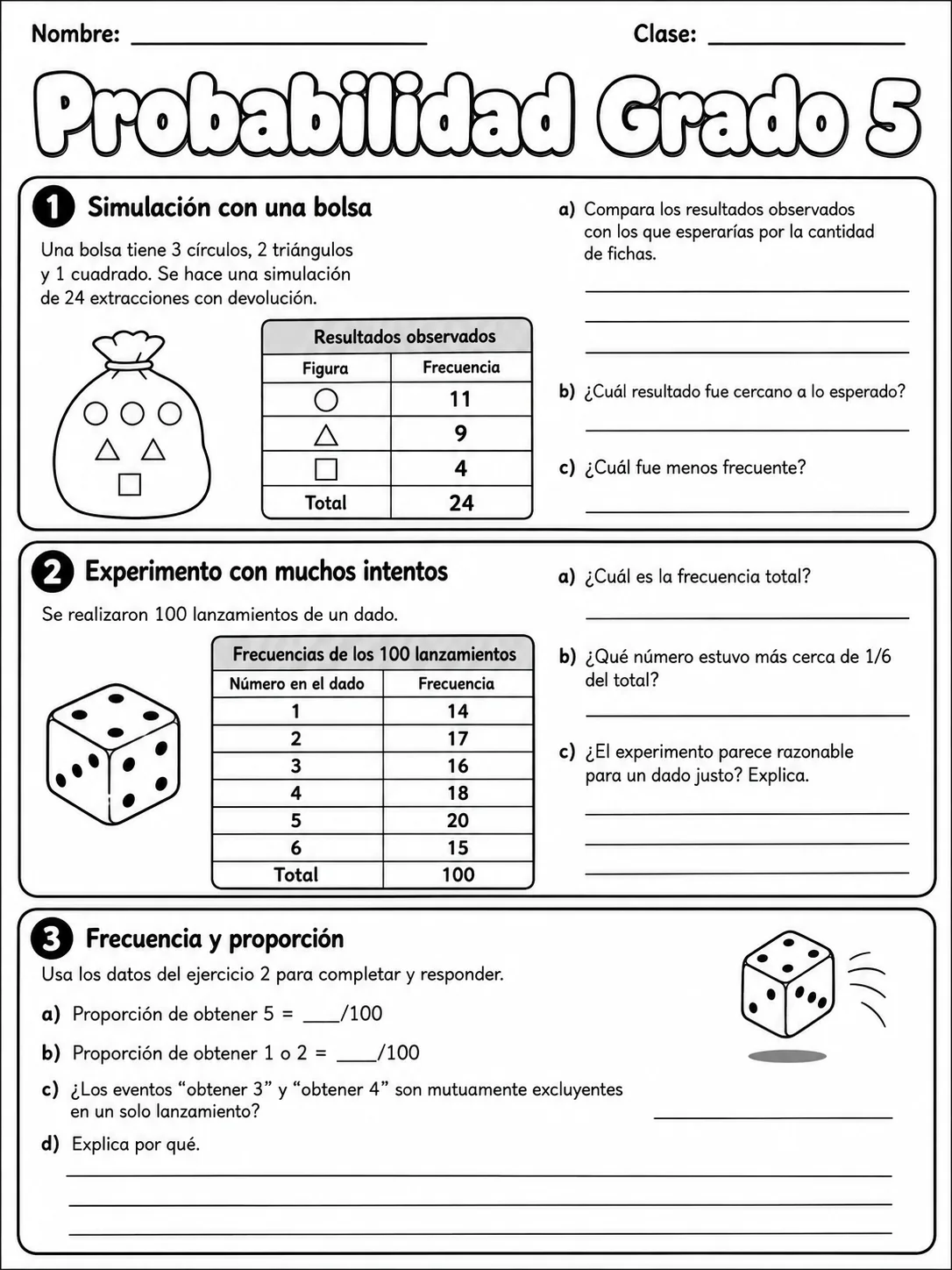 5.º grado - probabilidad - Paquete de fichas página 6 vista previa imprimible