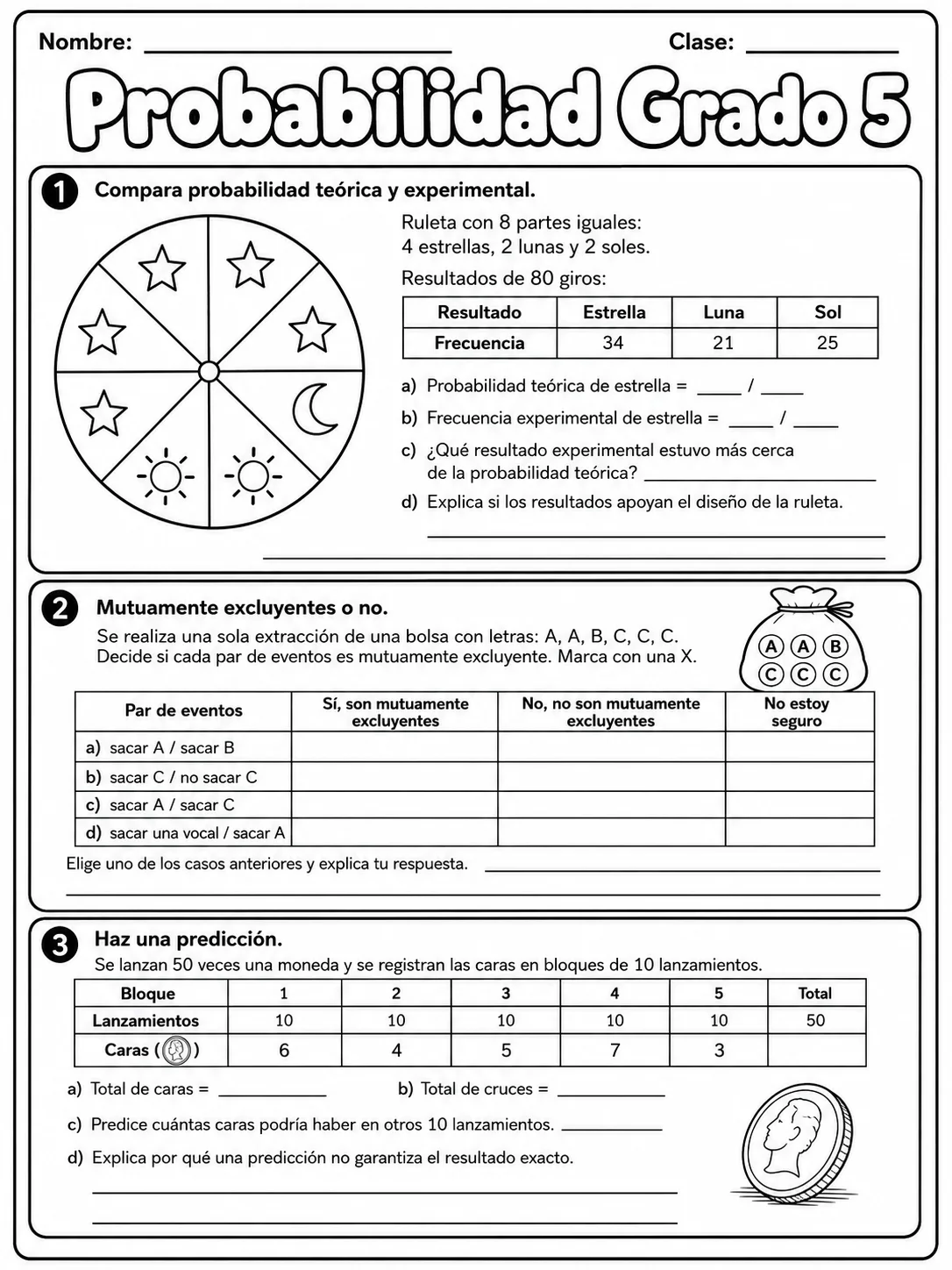 5.º grado - probabilidad - Paquete de fichas página 7 vista previa imprimible