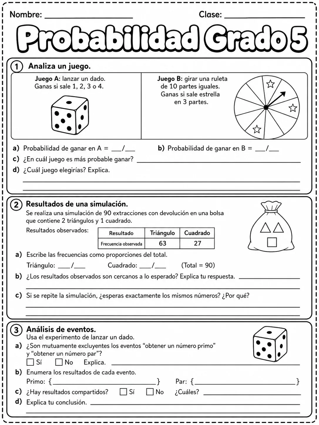 5.º grado - probabilidad - Paquete de fichas página 8 vista previa imprimible