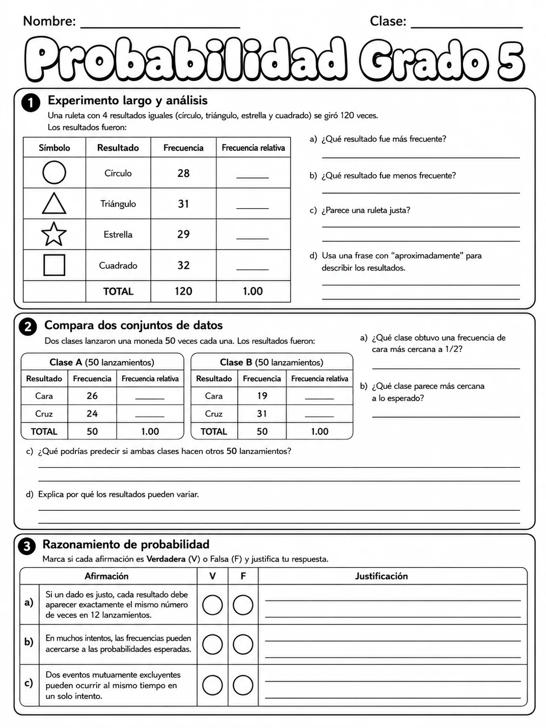 5.º grado - probabilidad - Paquete de fichas página 9 vista previa imprimible
