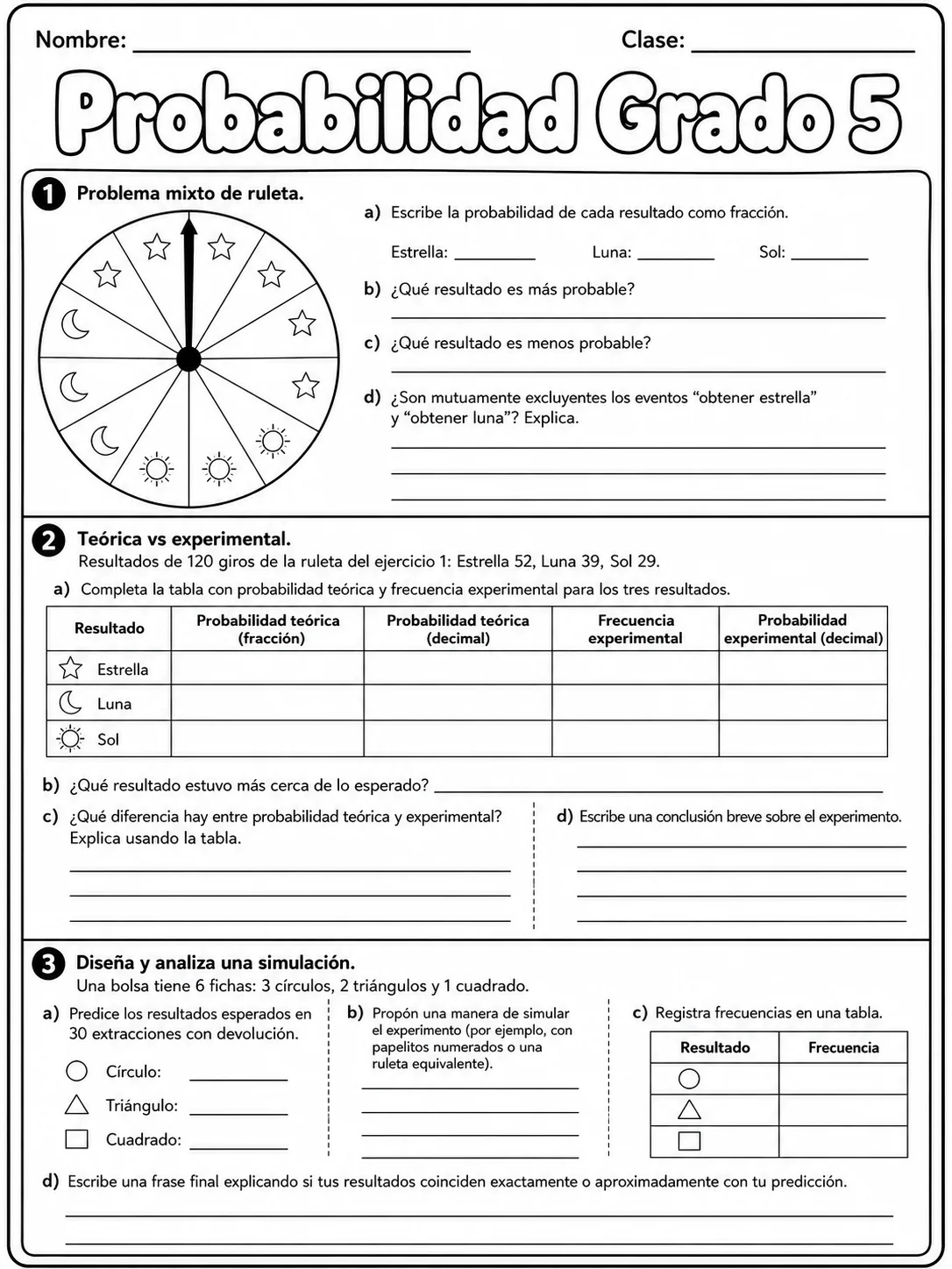 5.º grado - probabilidad - Paquete de fichas página 10 vista previa imprimible