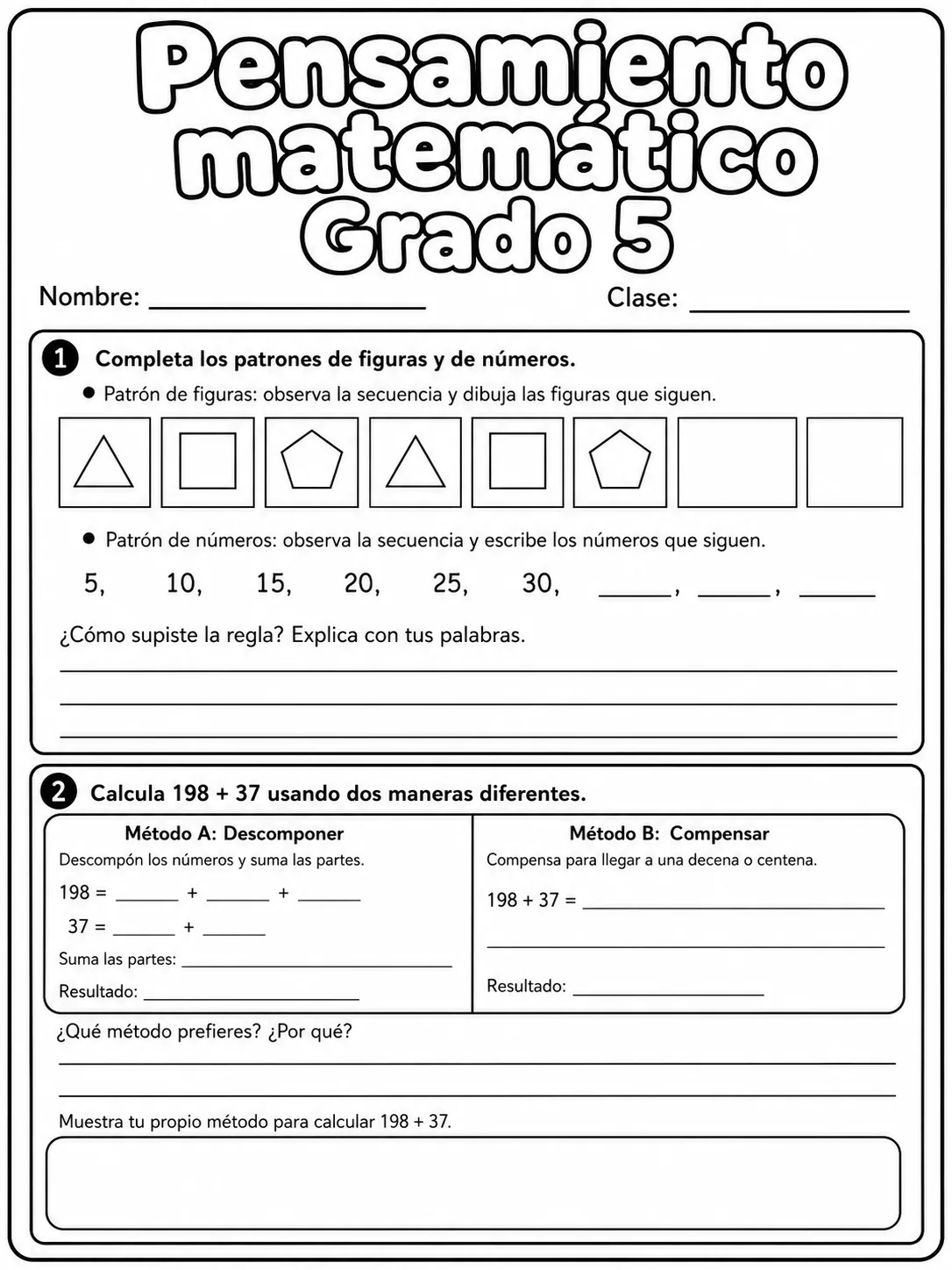 5.º grado - repaso de matemáticas - Paquete de fichas página 2 vista previa imprimible