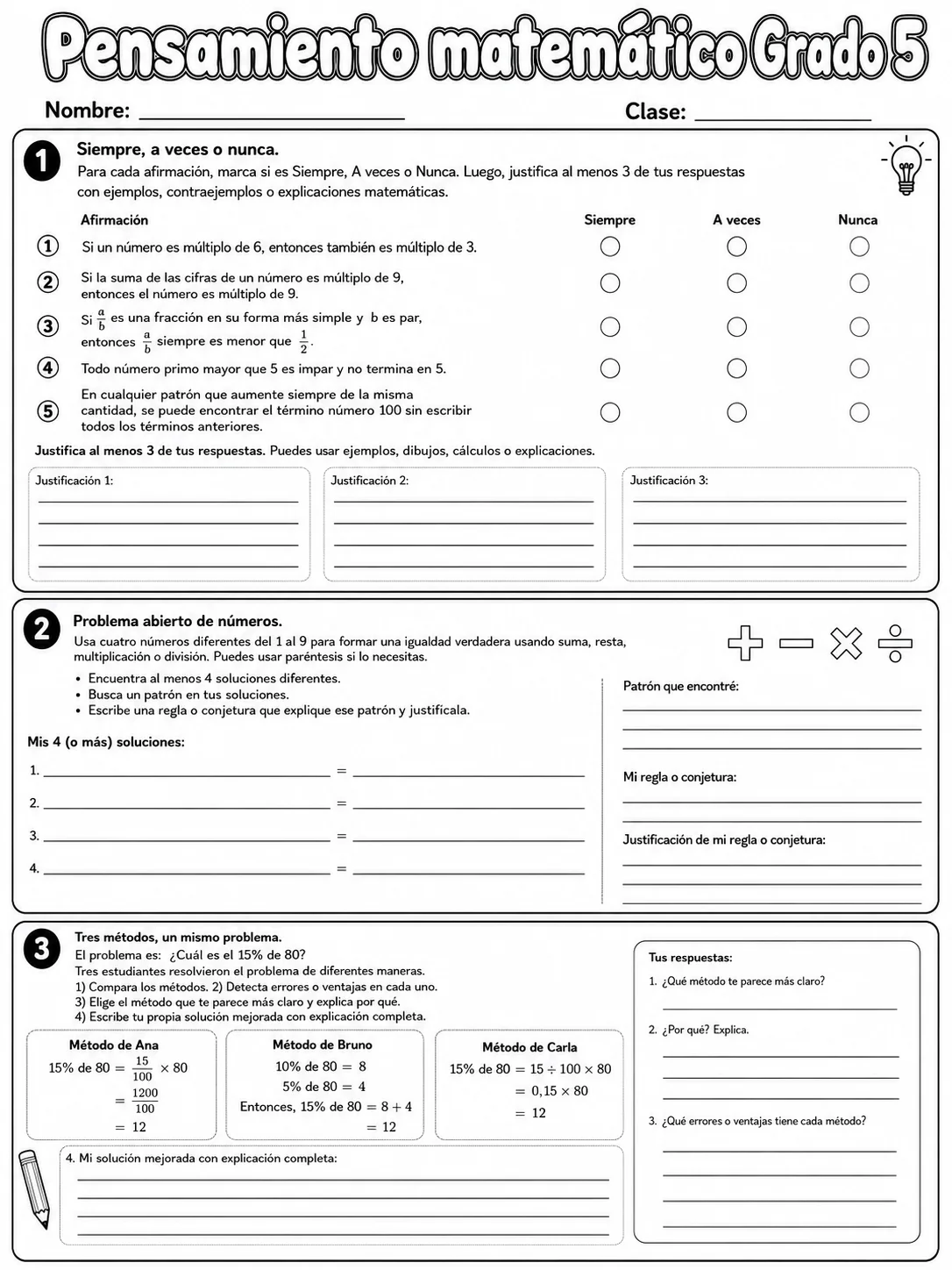 5.º grado - repaso de matemáticas - Paquete de fichas página 10 vista previa imprimible