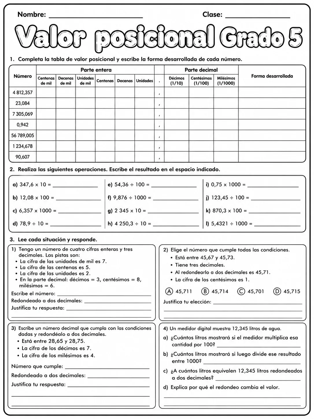 5.º grado - valor posicional - Paquete de fichas página 10 vista previa imprimible