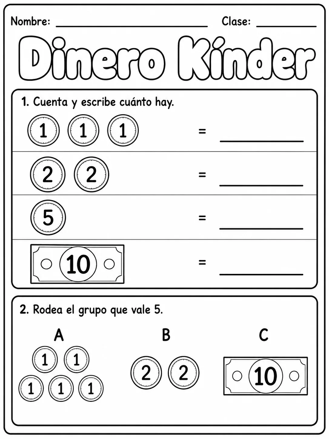 Dinero Kinder - Kindergarten - Conjunto 3 vista previa imprimible de matemáticas en KiwiBee