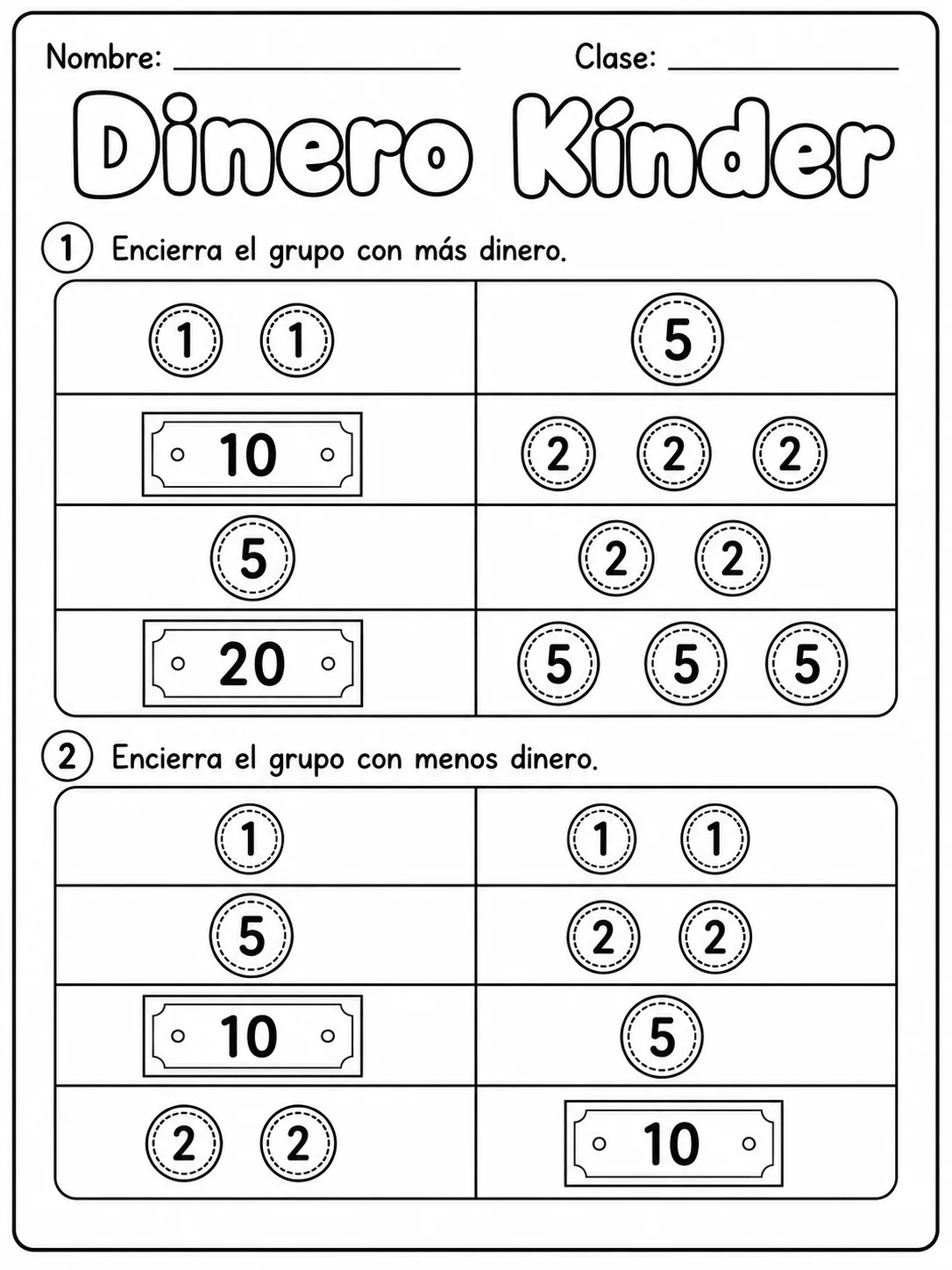 Dinero Kinder - Kindergarten - Conjunto 4 vista previa imprimible de matemáticas en KiwiBee