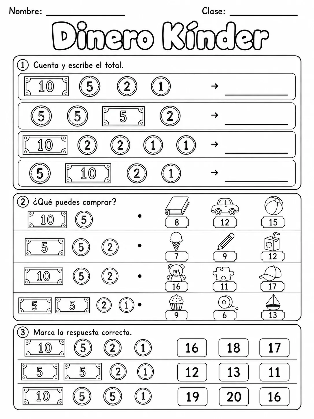 Dinero Kinder - Kindergarten - Conjunto 7 vista previa imprimible de matemáticas en KiwiBee