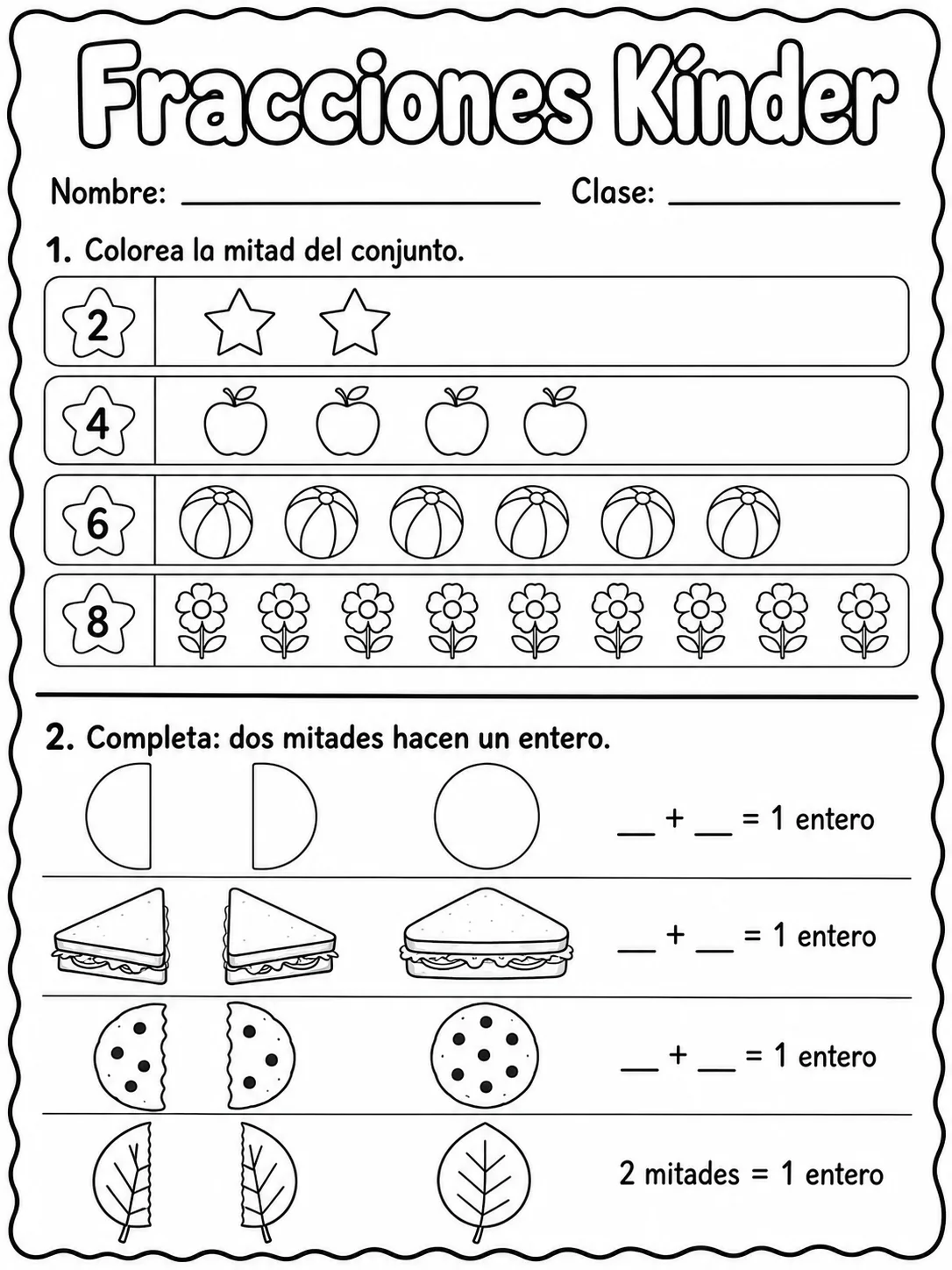 Kindergarten - fracciones, mitad y dobles - Paquete de fichas página 5 vista previa imprimible