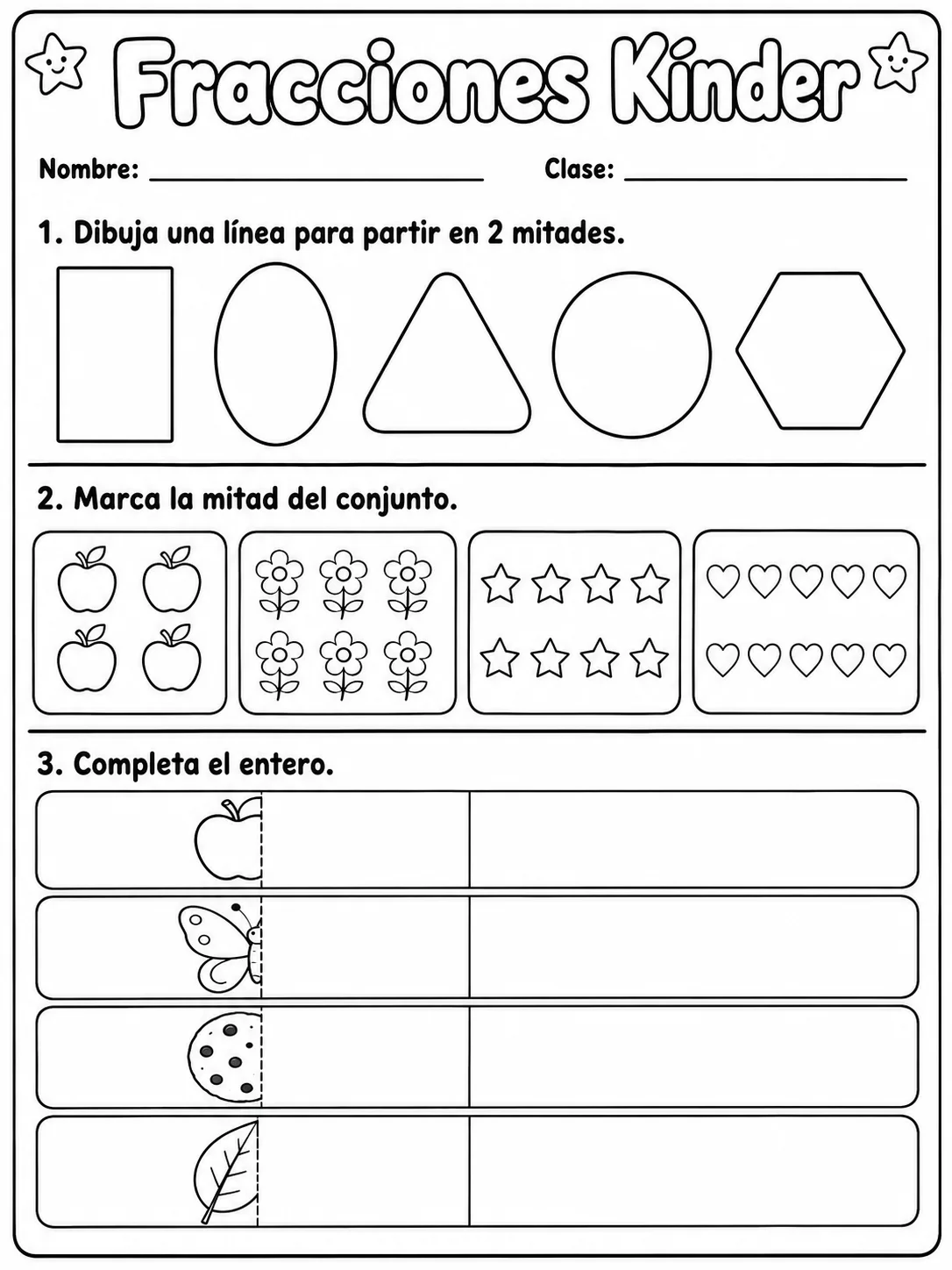 Kindergarten - fracciones, mitad y dobles - Paquete de fichas página 8 vista previa imprimible