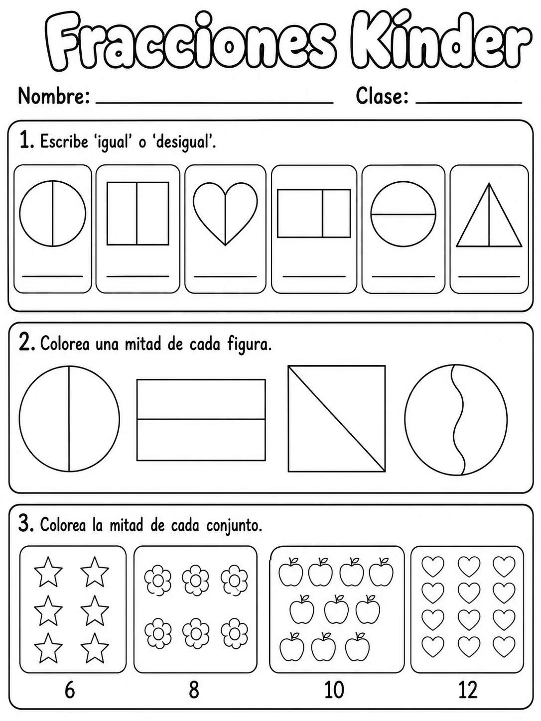 Kindergarten - fracciones, mitad y dobles - Paquete de fichas página 9 vista previa imprimible