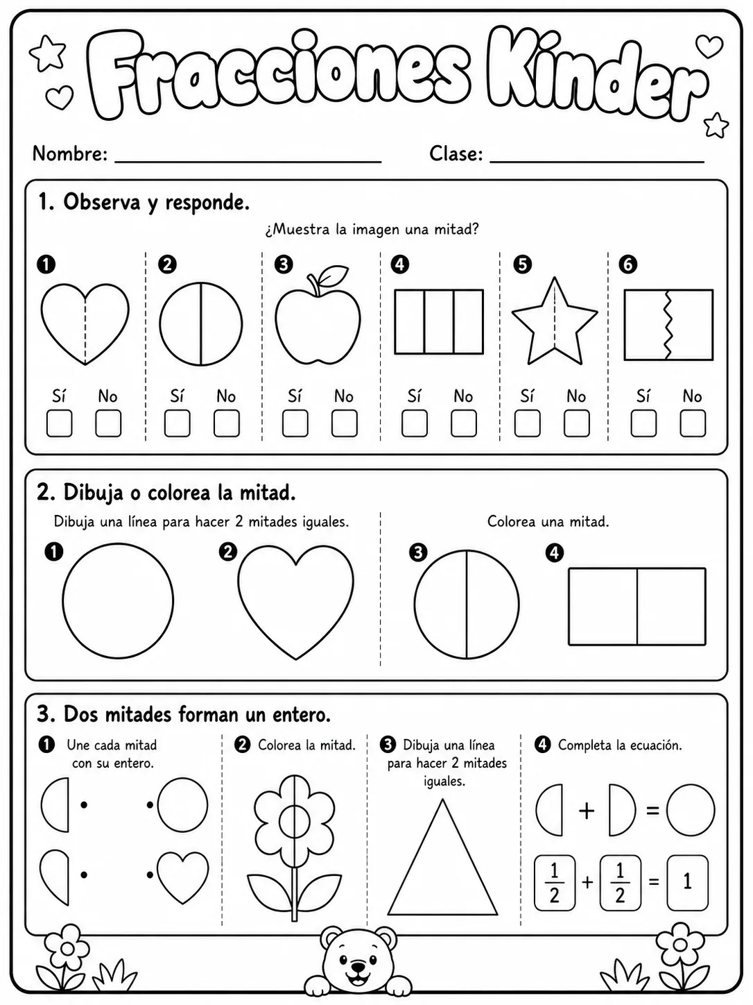 Kindergarten - fracciones, mitad y dobles - Paquete de fichas página 10 vista previa imprimible
