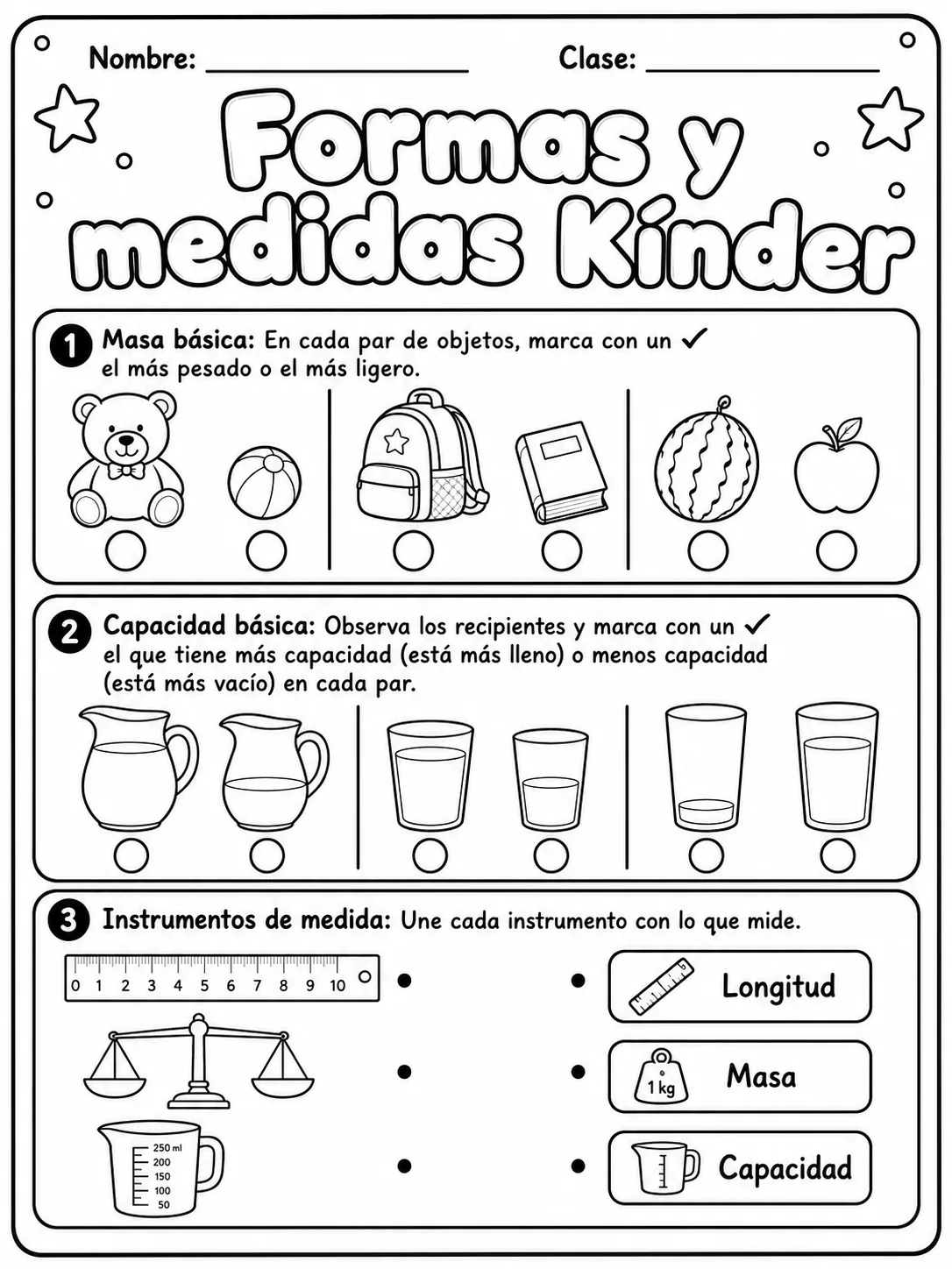Kindergarten - medidas de longitud, masa y capacidad - Paquete de fichas página 6 vista previa imprimible