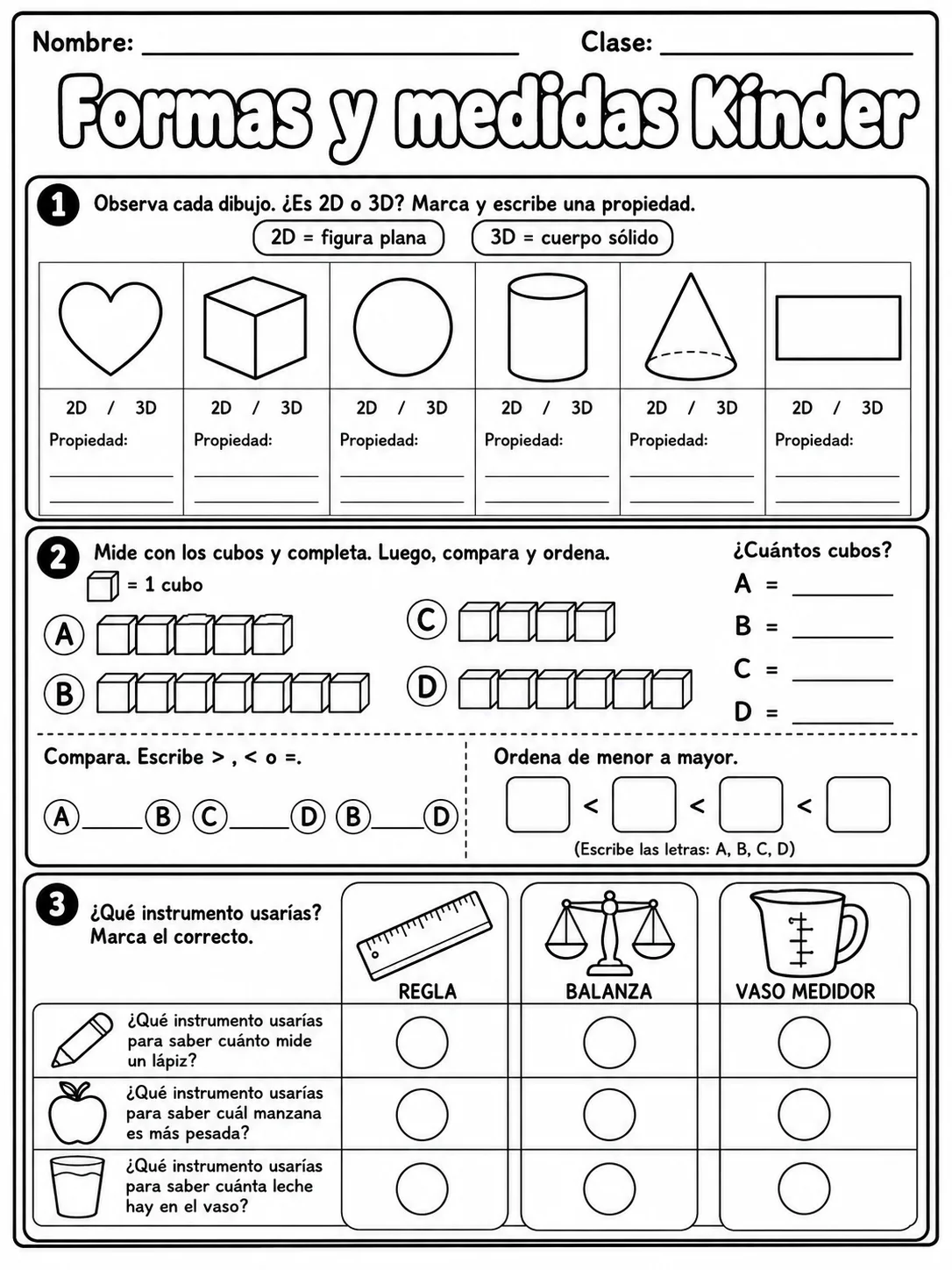 Kindergarten - medidas de longitud, masa y capacidad - Paquete de fichas página 9 vista previa imprimible